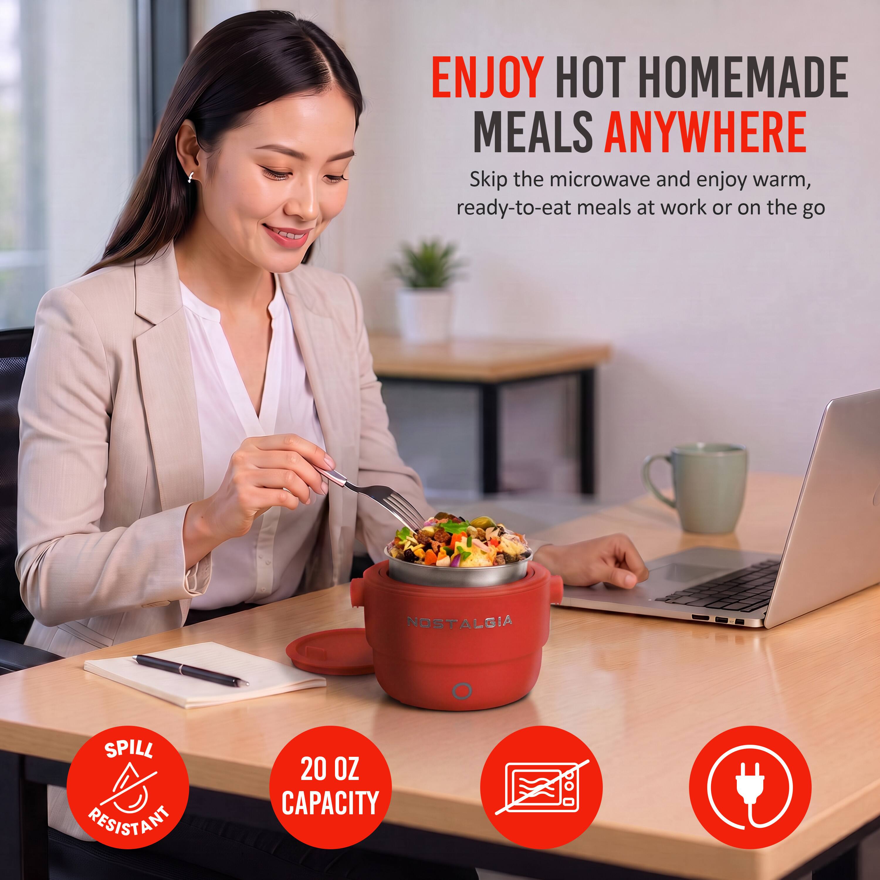 ENJOY HOT HOMEMADE MEALS ANYWHERE  
Skip the microwave and enjoy warm, ready-to-eat meals at work or on the go  

NOSTALGIA  
SPILL RESISTANT  
20 OZ CAPACITY
