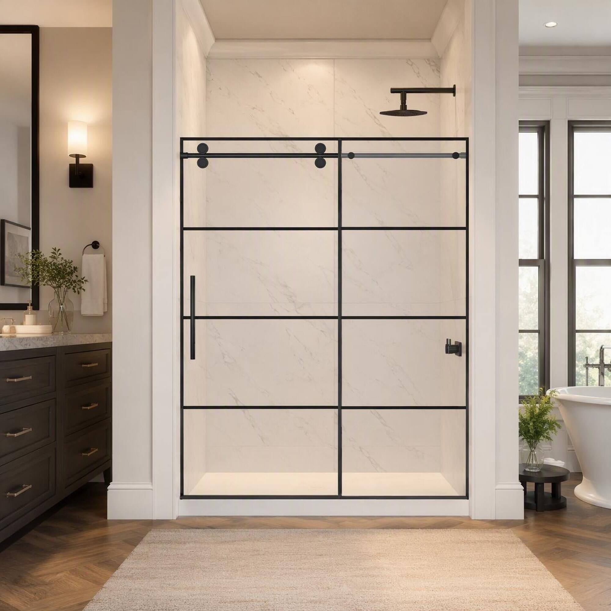 Angle. RYHNUYNE - 56-60 In W X 72 In H Frameless Sliding Shower Door, 5/16 In Clear Tempered Glass With Matte Black Handles - Matte Black.