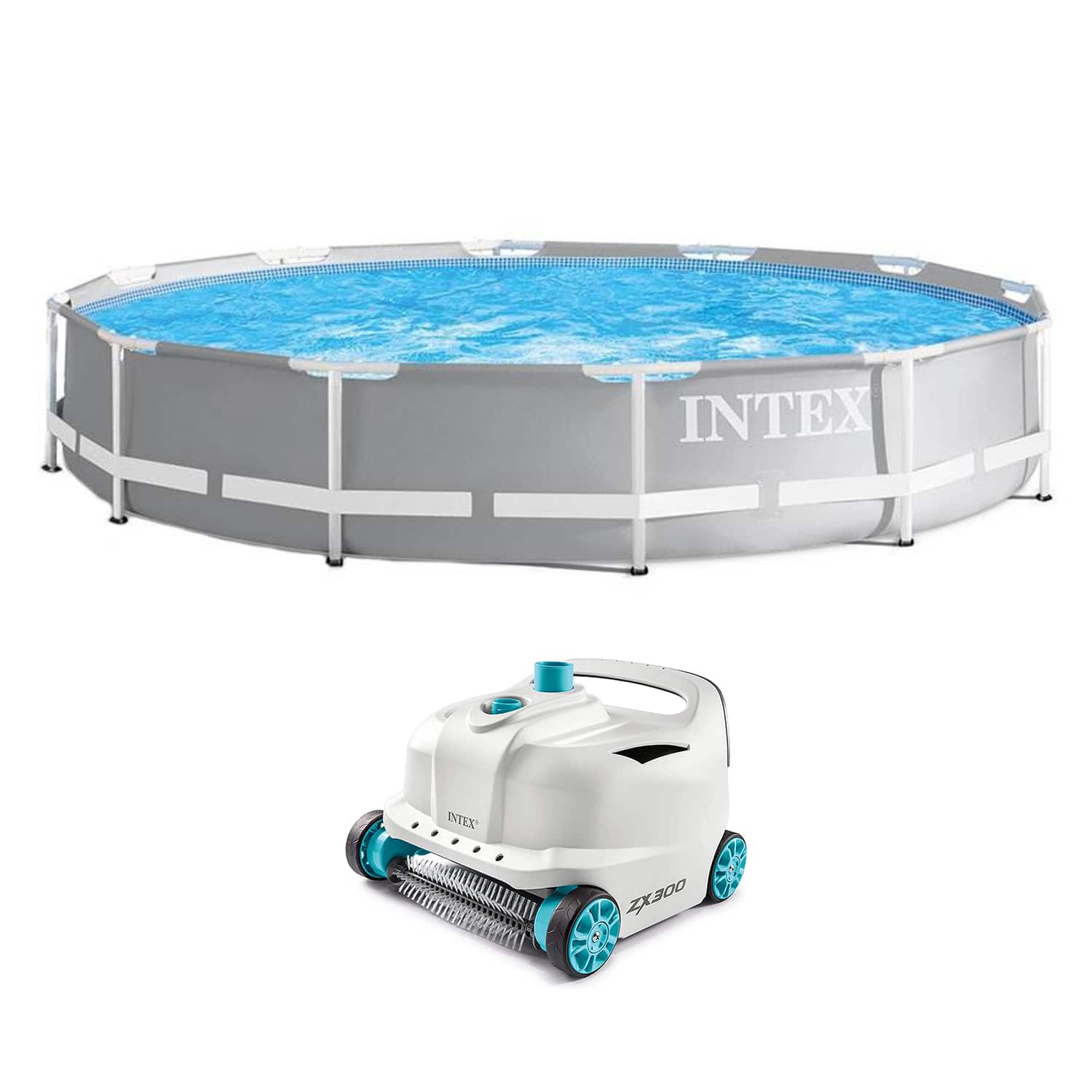 Intex - 12ft x 30in Prism Frame Above Ground Round Swimming Pool & Robot Vacuum