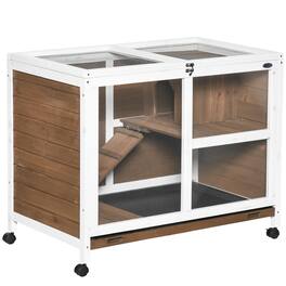 Pawhut - Rabbit Hutch with Wheels, Desk and Side Table Sized, Wooden, Waterproof, Removable Tray, Openable Roof