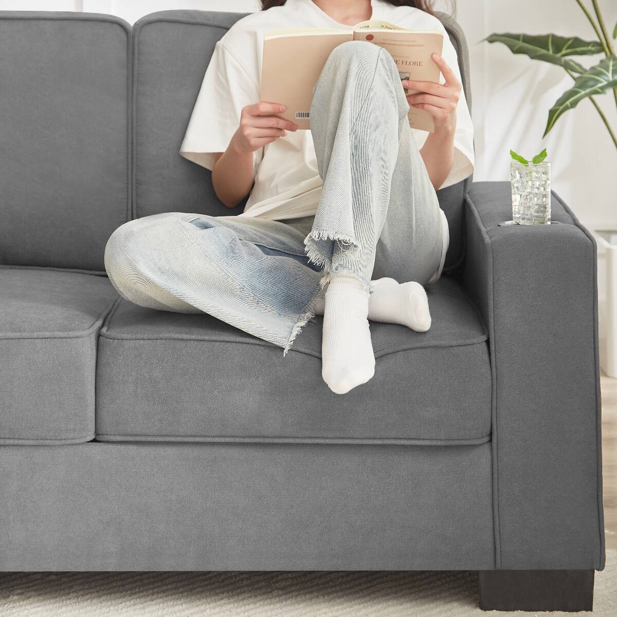Alt View 3. Ropilly - Ropilly Gray 3 Seater Fabric Sofa Compressed Couch with Built In Cup Holders for Living Room Bedroom Office - Gray.
