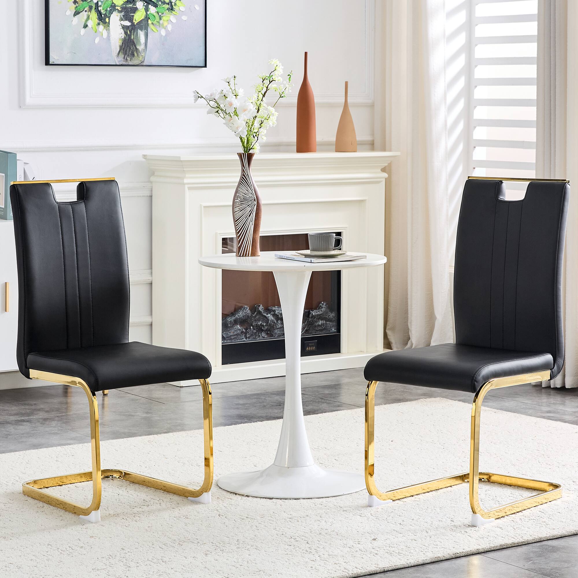 Angle. Loheer - Modern Black Gold PU Leather Cantilever Dining Chairs Set of 2, 1.31x1.71x3.18 ft Kitchen Seating - Black,Gold.