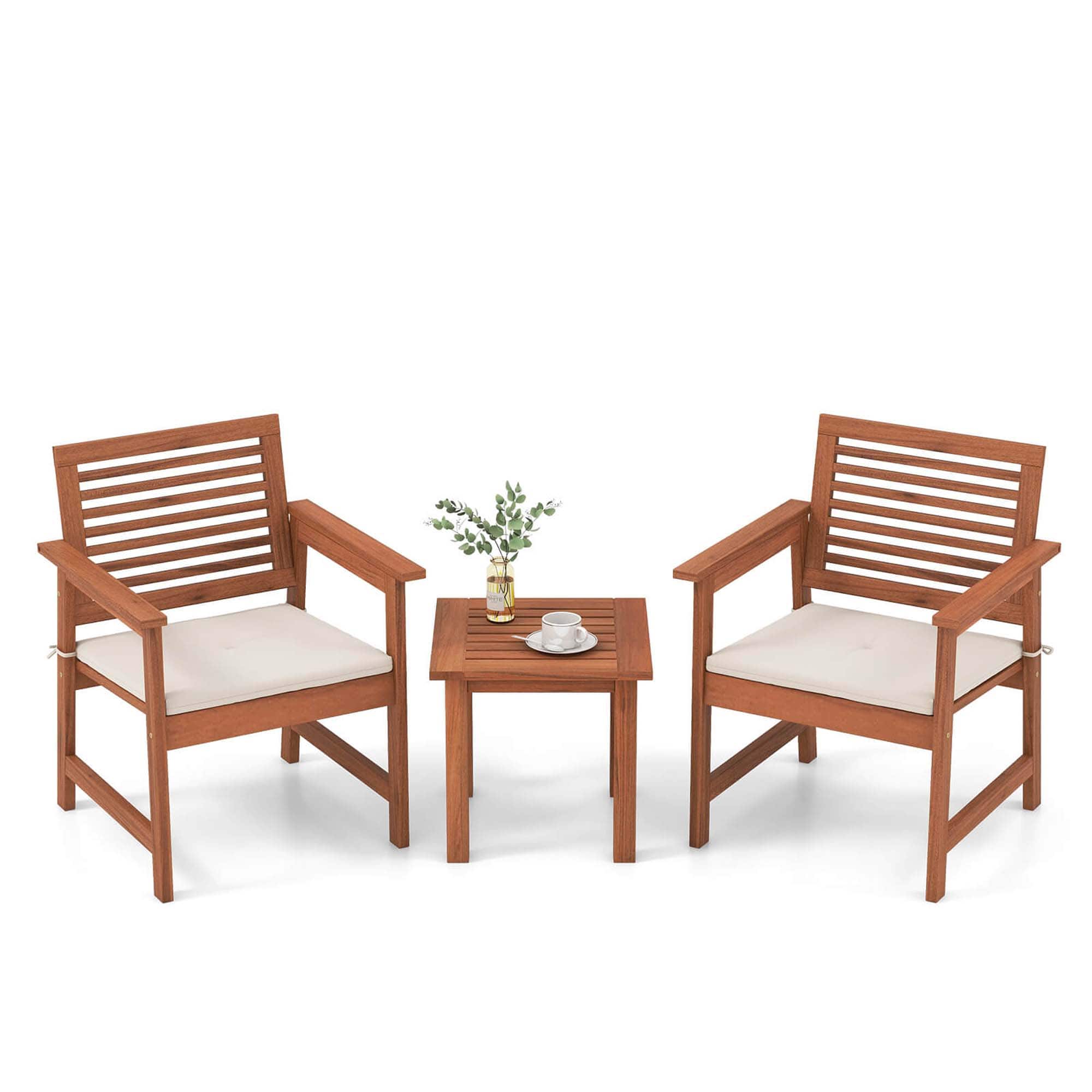 Front. Costway - 3 PCS Patio Furniture Set with 2 Seat Cushions Coffee Table Solid Wood Chairs - Natural + Off White.