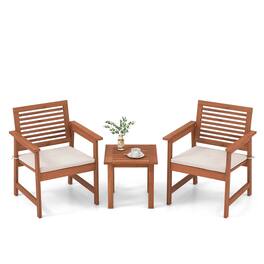 Costway - 3 PCS Patio Furniture Set with 2 Seat Cushions Coffee Table Solid Wood Chairs - Natural + Off White