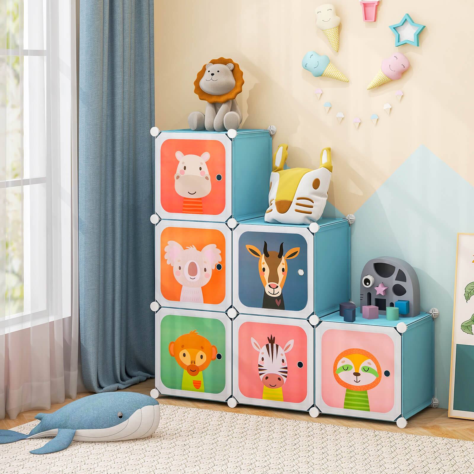 Alt View 1. Costway - Costway 8-Cube Kids Wardrobe Baby Dresser Bedroom Armoire Clothes Hanging Closet with Doors - Blue.