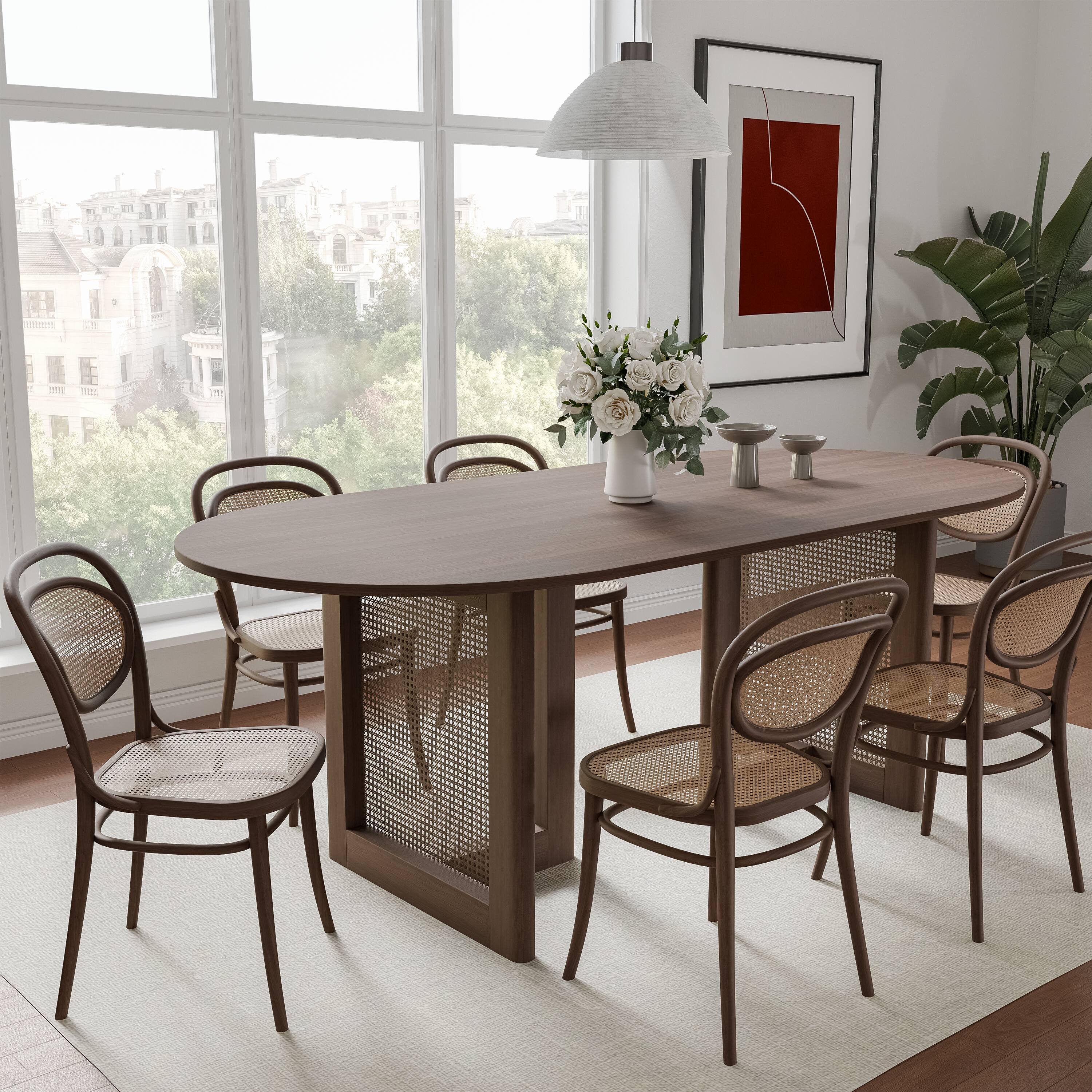 Alt View 7. PexFix - Modern Farmhouse Oak Dining Table | Oval Rattan & Solid Wood, Double Pedestal Base for 6, 67-Inch - Walnut.