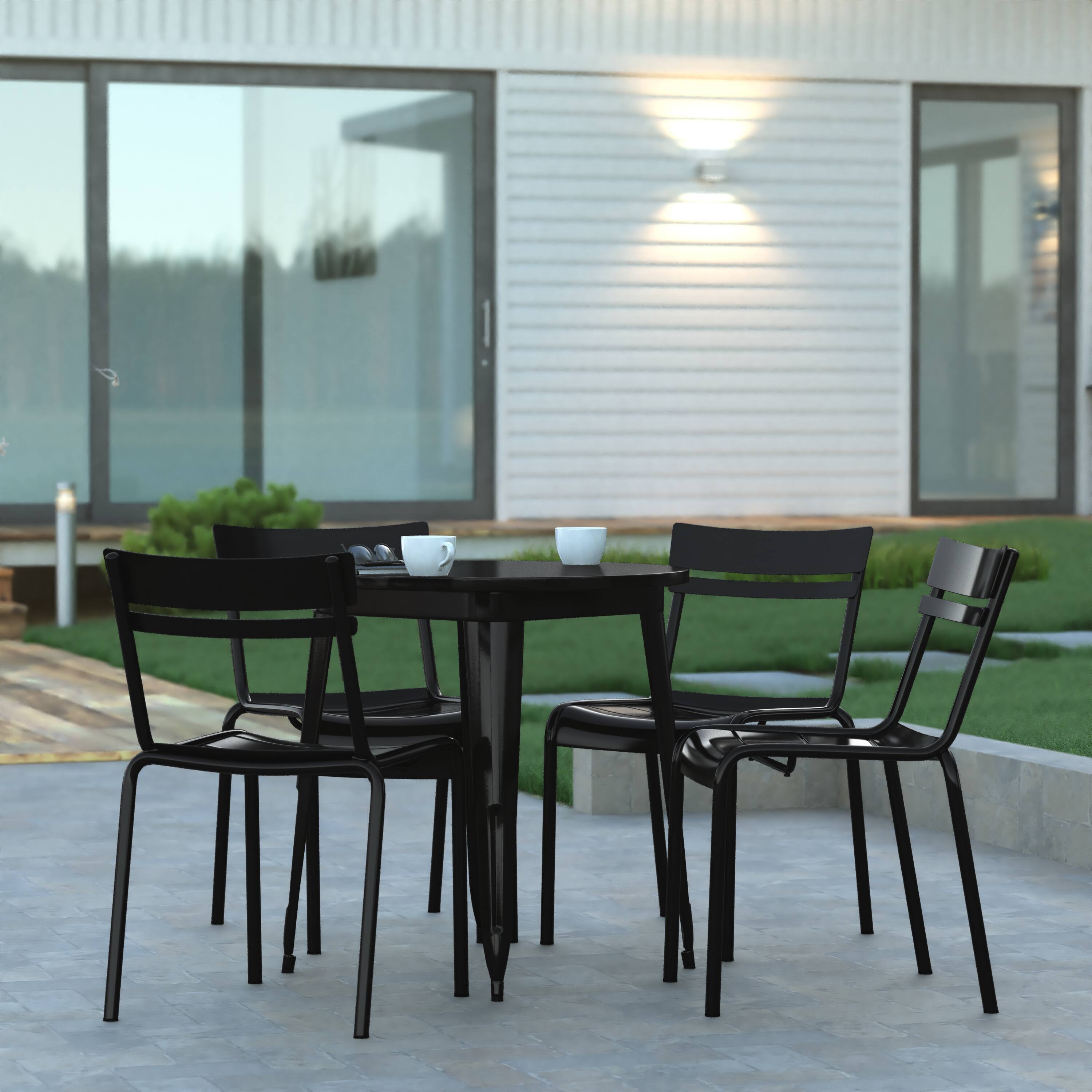 Alt View 2. Emma + Oliver - Rennes Armless Powder Coated Steel Stacking Dining Chair with 2 Slat Back for Indoor-Outdoor Use - Black.