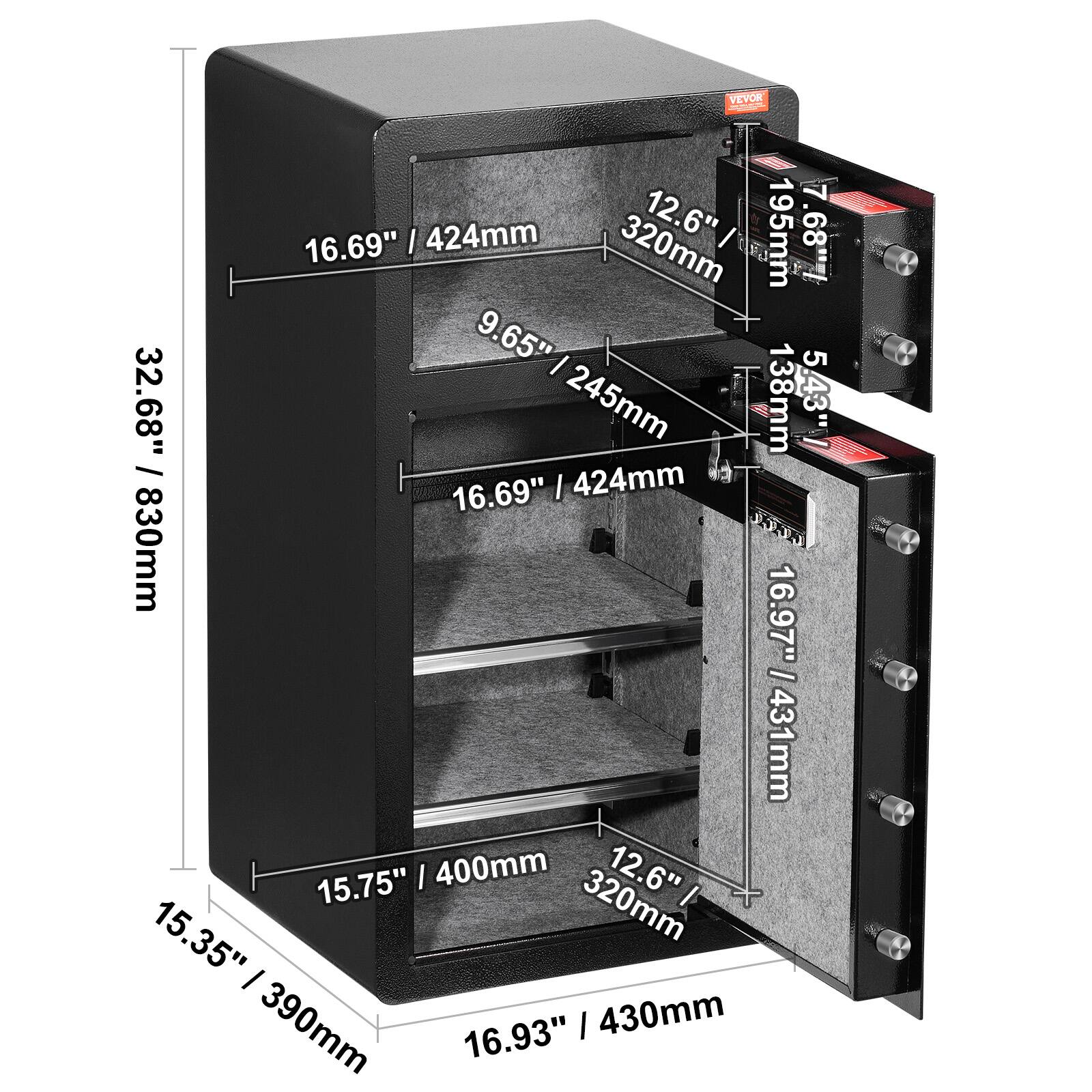 VEVOR 16.69" / 424mm, 12.6" / 320mm, 7.68" / 195mm, 16.69" / 424mm, 9.65" / 245mm, 32.68" / 830mm, 138mm / 5.43", 16.97" / 431mm, 15.75" / 400mm, 12.6" / 320mm, 15.35" / 390mm, 16.93" / 430mm