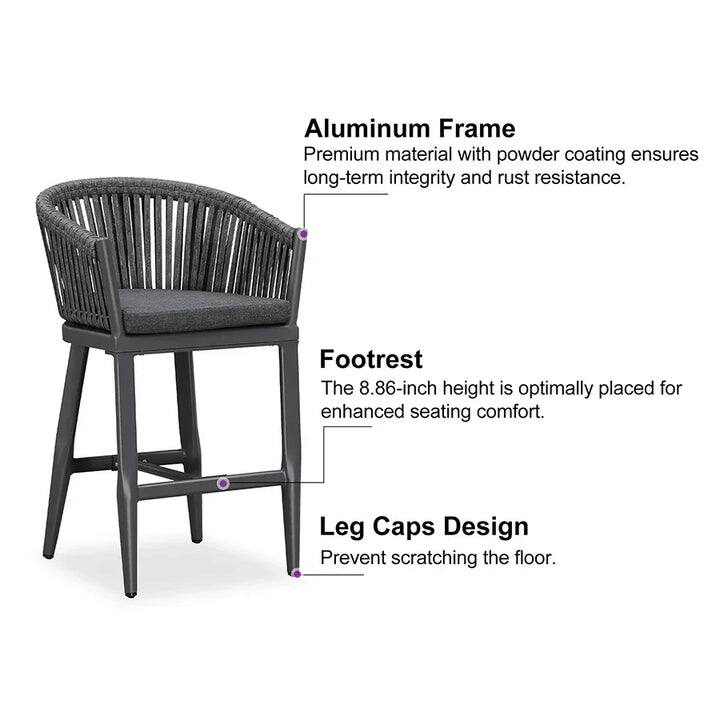 Aluminum Frame  
Premium material with powder coating ensures long-term integrity and rust resistance.

Footrest  
The 8.86-inch height is optimally placed for enhanced seating comfort.

Leg Caps Design  
Prevent scratching the floor.