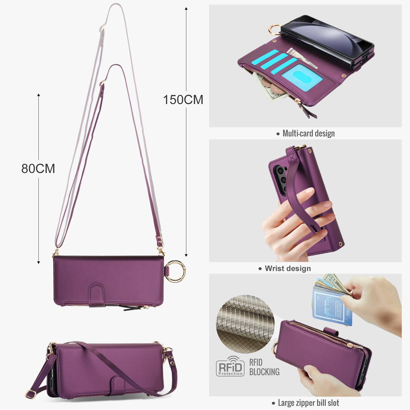 150CM  
Multi-card design  
80CM  
Wrist design  
RFID BLOCKING Protection  
Large zipper bill slot