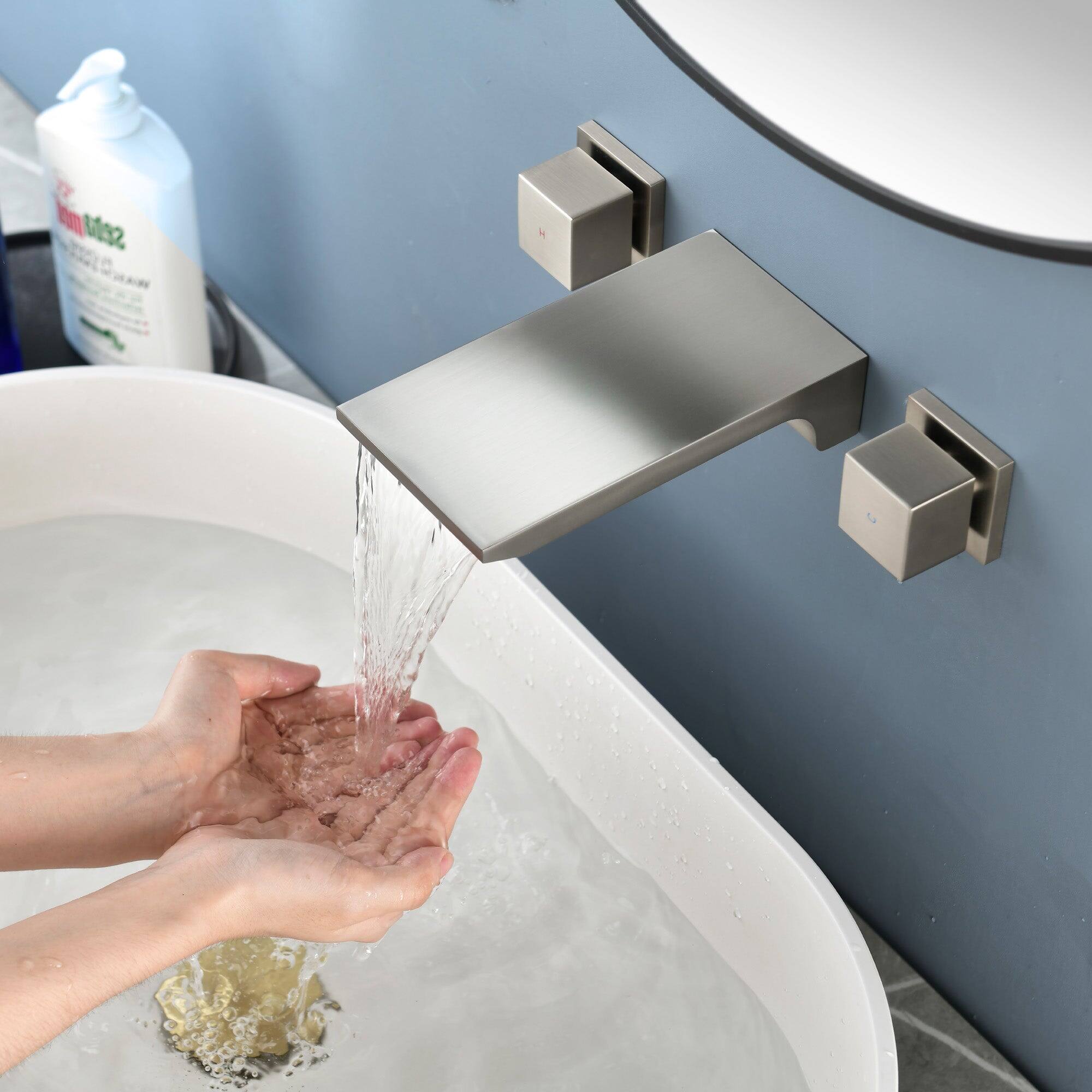 Alt View 2. Boyel Living - Brushed Wall Mount Faucet SUS304 Waterfall Spout Brass Body Dual Handle 1/2NPT Thread - Brushed Nickel.