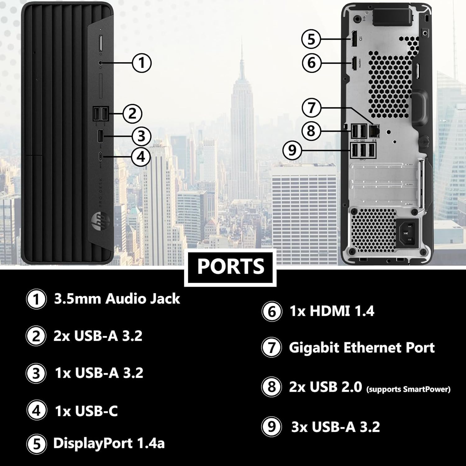 1. 3.5mm Audio Jack  
2. 2x USB-A 3.2  
3. 1x USB-A 3.2  
4. 1x USB-C  
5. DisplayPort 1.4a  
6. 1x HDMI 1.4  
7. Gigabit Ethernet Port  
8. 2x USB 2.0 (supports SmartPower)  
9. 3x USB-A 3.2