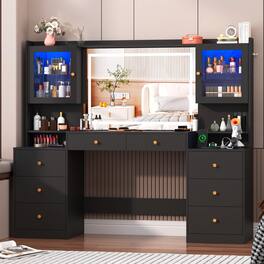 Lent Glitter Wood - 62" Vanity Desk with Mirror, LED Lights, 8 Drawers, Glass Cabinets & Charging Station - Black