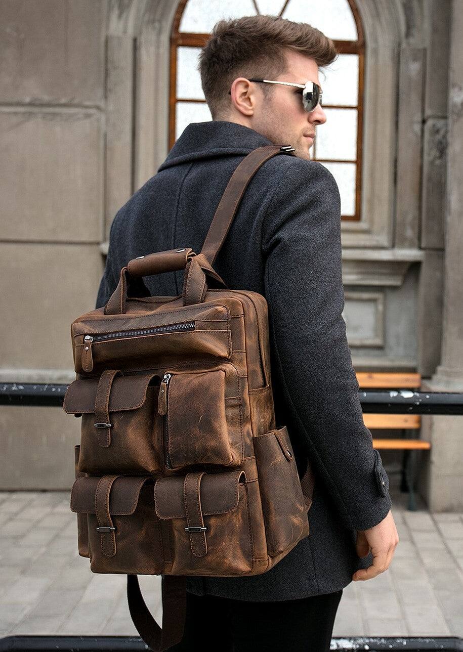 Angle. Steel Horse Leather - The Shelby Backpack | Handmade Genuine Leather Backpack - Dark Brown.