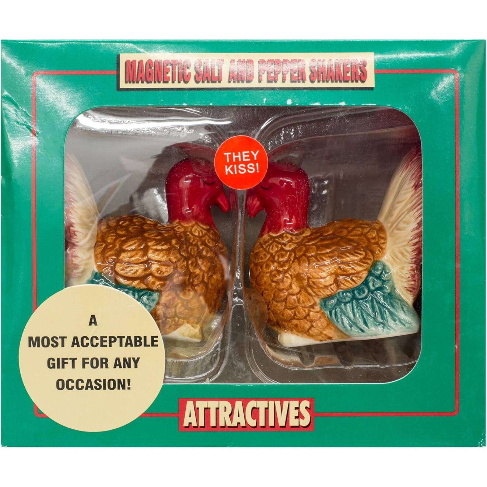 MAGNETIC SALT AND PEPPER SHAKERS  
THEY KISS!  
A MOST ACCEPTABLE GIFT FOR ANY OCCASION!  
ATTRACTIVES