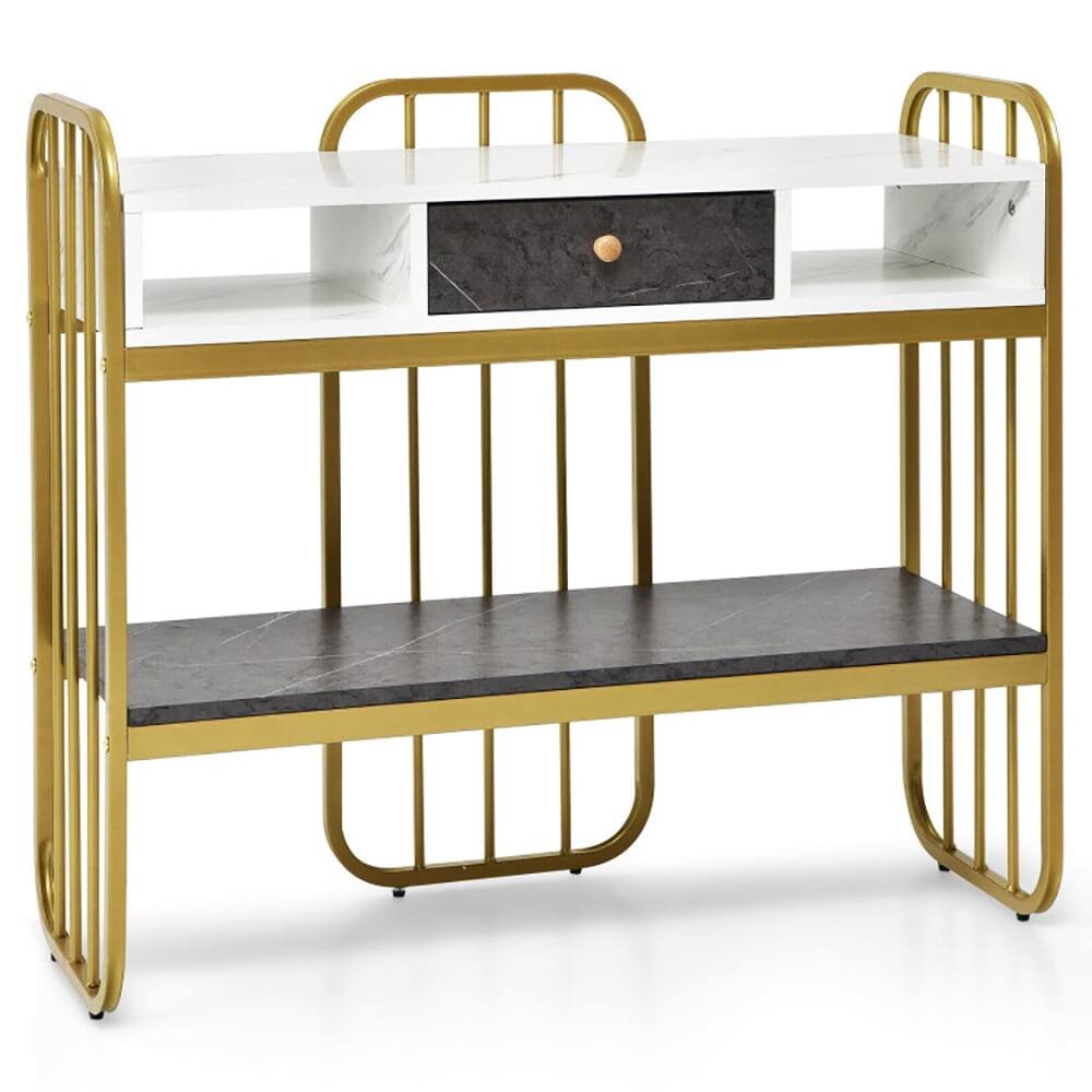 Front. Resenkos - Console Table with Drawer Storage Shelf Wide Tabletop-White, Narrow Console Table, Entryway Hall Table with Shelves - White.