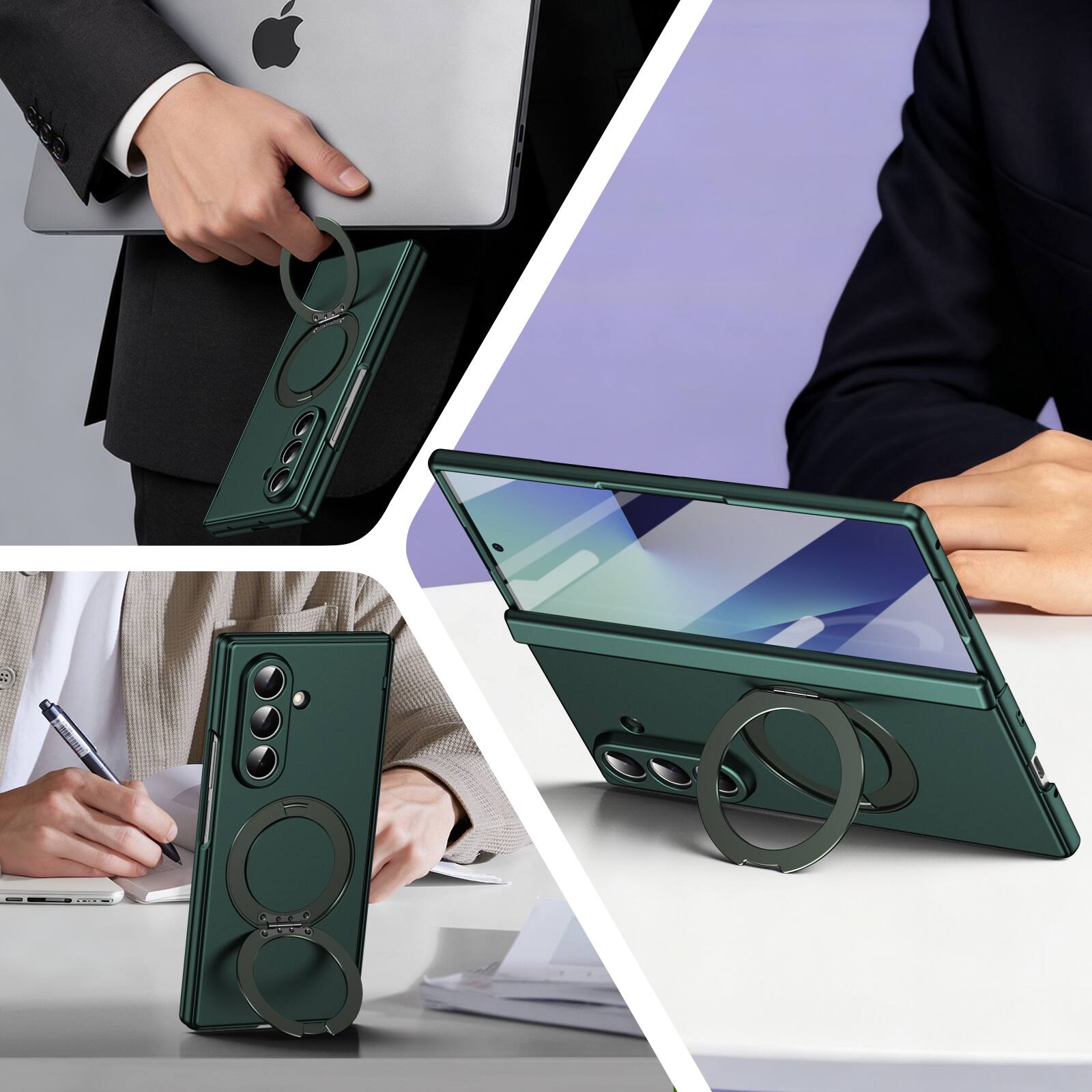 Angle. Dteck - For Samsung Galaxy Z Fold 7 Rugged Case With Screen Protector, Shockproof Magnetic Ring Stand Hinge Protection Cover - Green.