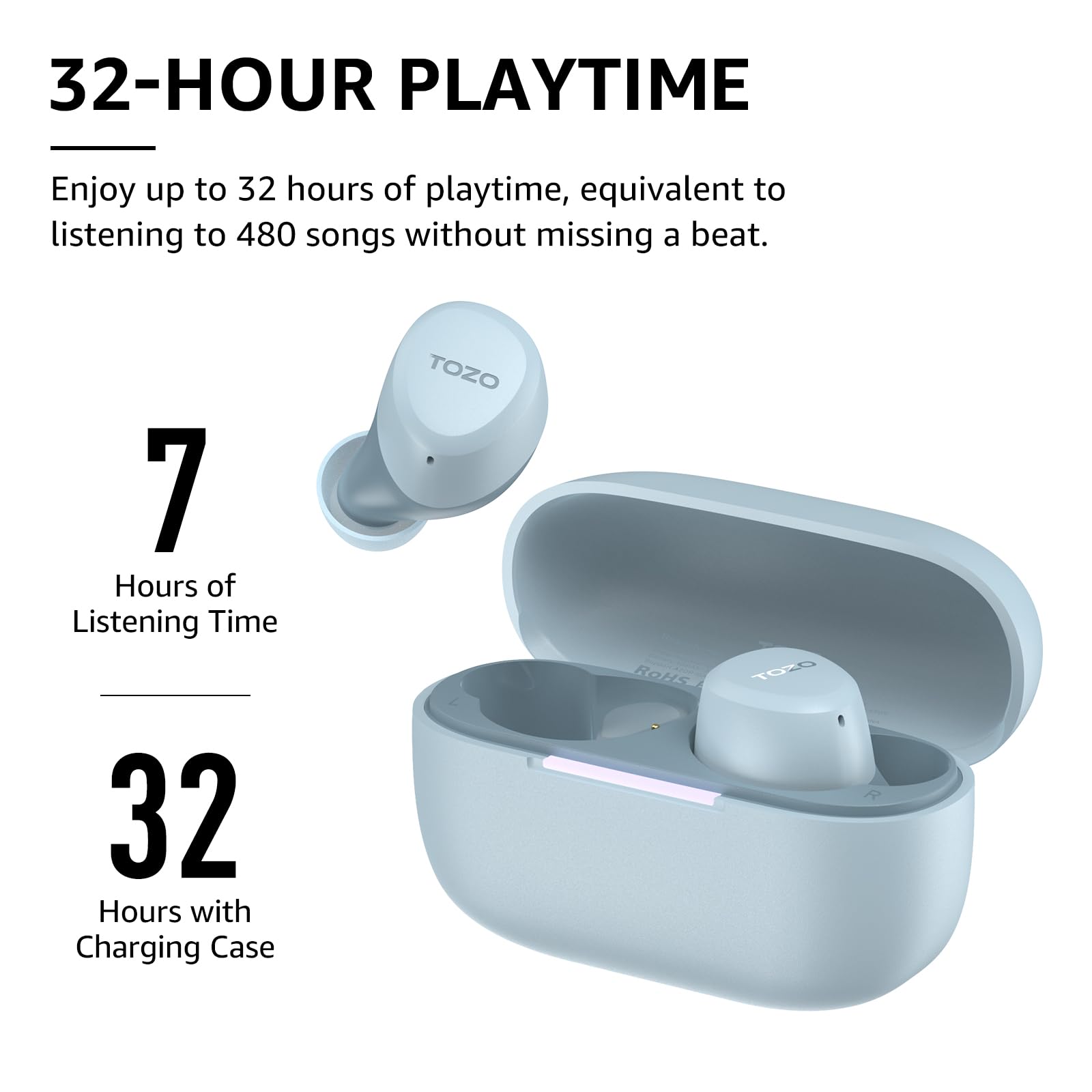 32-HOUR PLAYTIME
Enjoy up to 32 hours of playtime, equivalent to listening to 480 songs without missing a beat.

7 Hours of Listening Time
32 Hours with Charging Case

TOZO BOHS TGZ0