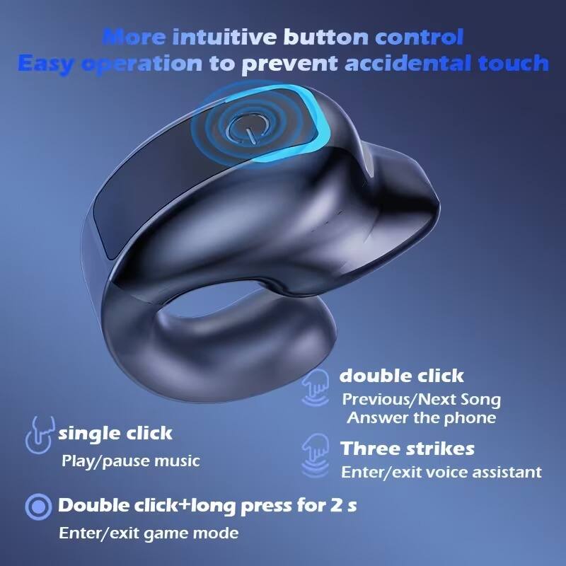 More intuitive button control  
Easy operation to prevent accidental touch  

- **Single click**  
  Play/pause music  

- **Double click**  
  Previous/Next Song  
  Answer the phone  

- **Three strikes**  
  Enter/exit voice assistant  

- **Double click + long press for 2 s**  
  Enter/exit game mode