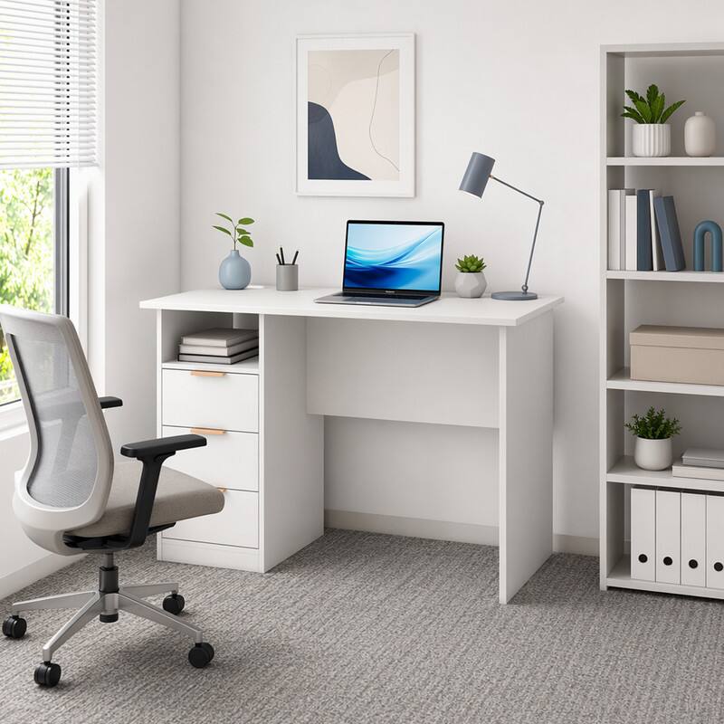 Angle. WELLFOR - 42.5" Home Office Desk with Power Outlet, Computer Desk with 3 Drawers and Open Compartment - White.