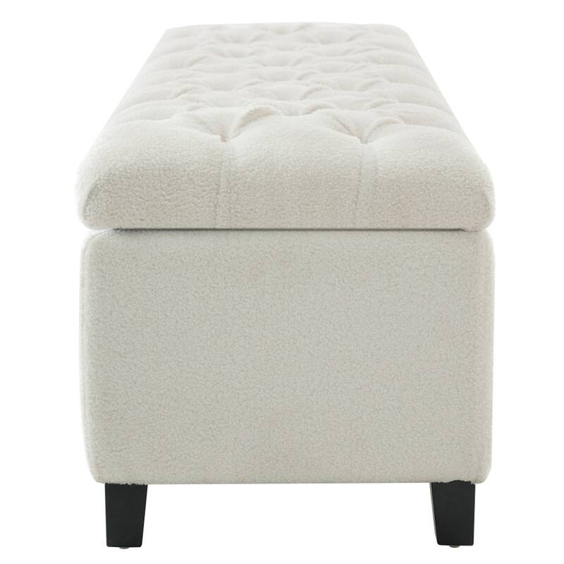 Back. HTUTWOO - Ottoman Bench with Storage - Boucle Surface, Rubber Wood Legs, 300 lbs Capacity, MDF/Pine/Plywood Construction - White.
