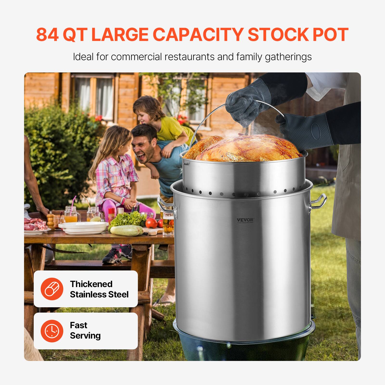 84 QT LARGE CAPACITY STOCK POT  
Ideal for commercial restaurants and family gatherings  

Thickened Stainless Steel  
Fast Serving