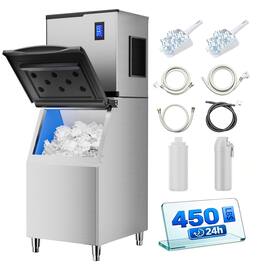 Coolake - Commercial Freestanding Ice Maker Machine 450lbs/day with 350 lbs Storage Bin for Bar Restaur - Stainless Steel