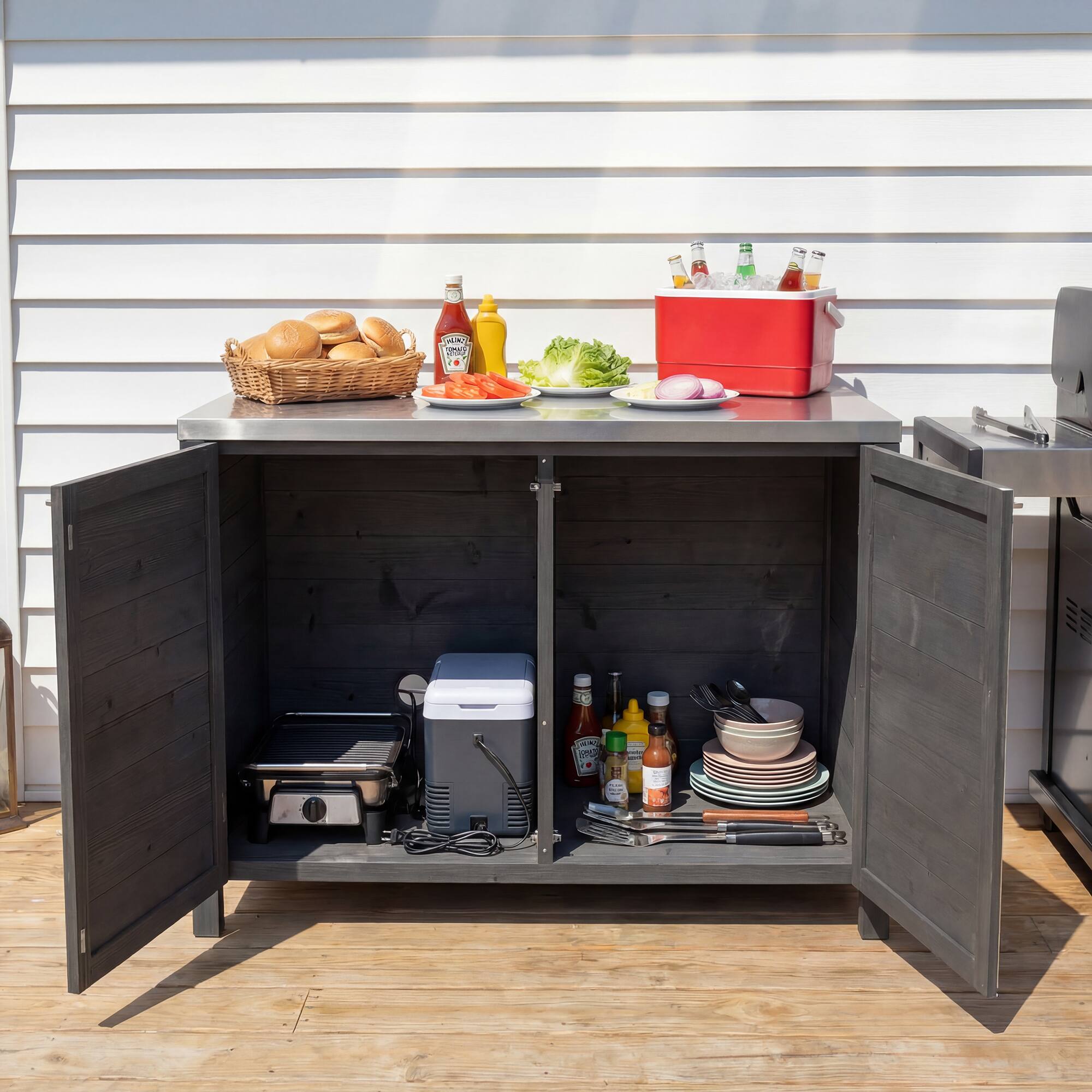 Back. Famapy - Modular Solid Cedar Outdoor Kitchen Cabinets - All-Weather Storage with Stainless Steel Top for Patio, Grill Station - Carbon Black.