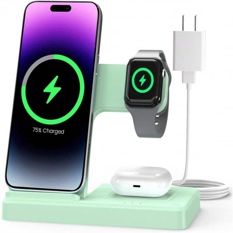 SKRAN - 3-In-1 Wireless Charger Charging Station - 3 In 1 Charger Stand for Apple iPhone, Watch 10 SE Ultra Series, AirPods - Mint Green