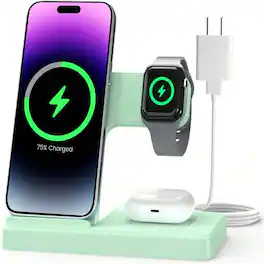 SKRAN - 3-In-1 Wireless Charger Charging Station - 3 In 1 Charger Stand for Apple iPhone, Watch 10 SE Ultra Series, AirPods - Mint Green