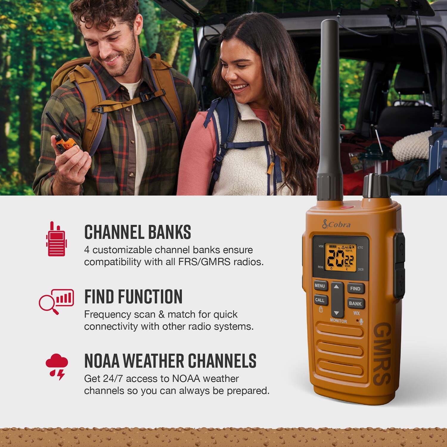 The text on the image is already grouped and correctly written. It reads:

CHANNEL BANKS: 4 customizable channel banks ensure compatibility with all FRS/GMRS radios.

FIND FUNCTION: Frequency scan & match for quick connectivity with other radio systems.

NOAA WEATHER CHANNELS: Get 24/7 access to NOAA weather channels so you can always be prepared.

MENU: FIND CALL BANK WX MONITOR GMRS