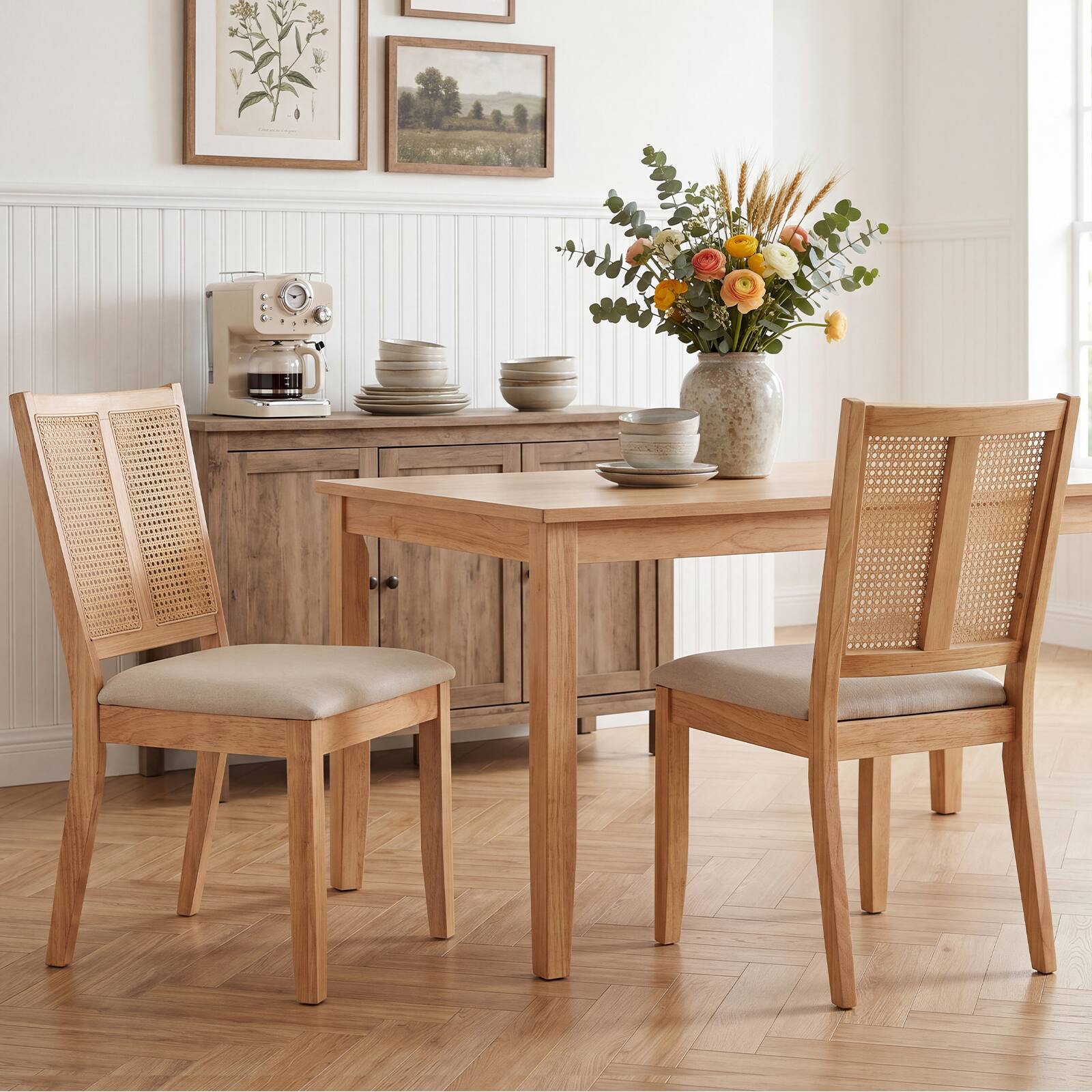 Alt View 3. Gymax - Gymax Rattan Dining Chairs Set of 2 w/Curved Backrest & Padded Seat Rubber Wood Frame Natural & Beige - Yellow.