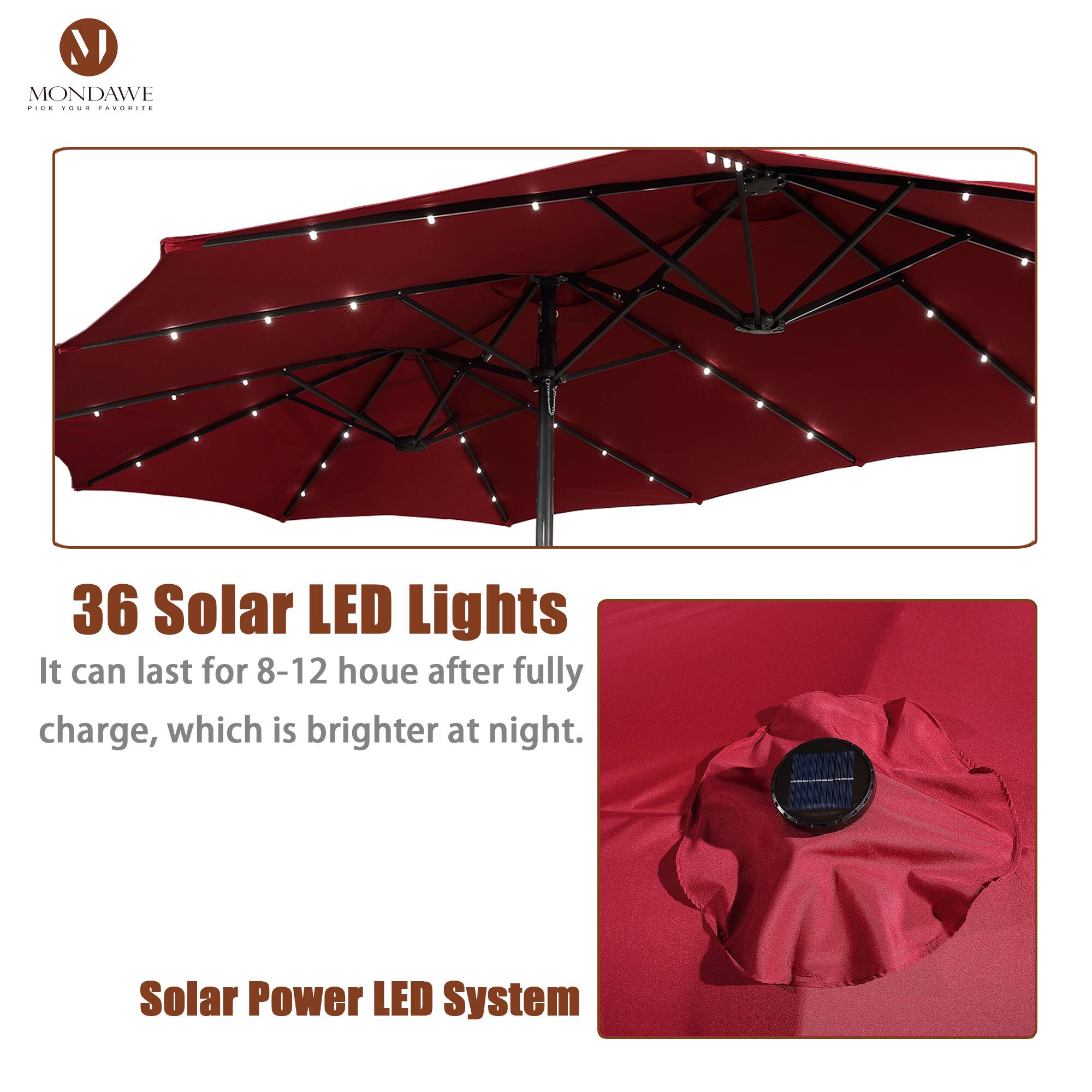 **MONDAWE**  
PICK YOUR FAVORITE

---

**36 Solar LED Lights**  
It can last for 8-12 hours after fully charge, which is brighter at night.

---

**Solar Power LED System**