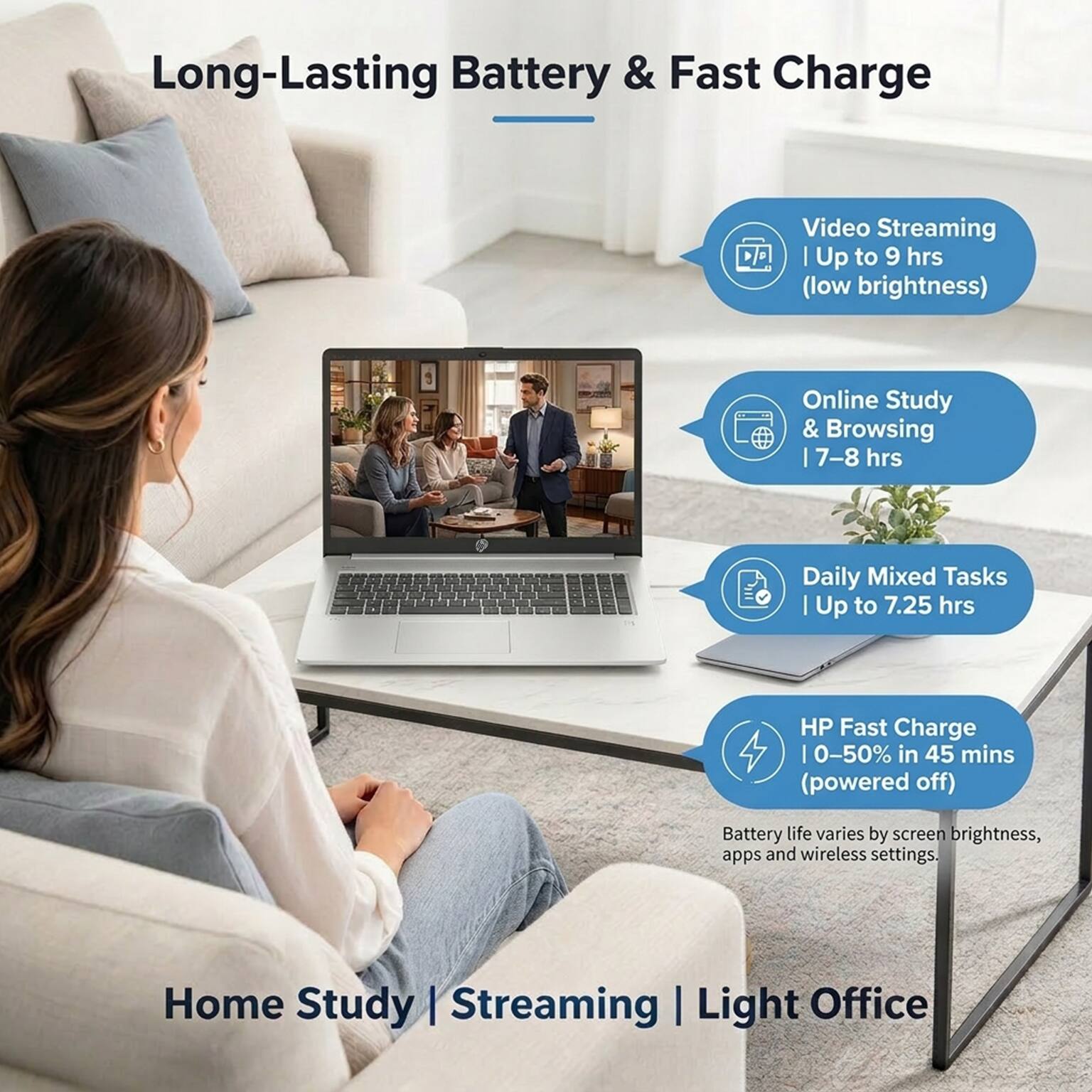 Long-Lasting Battery & Fast Charge

Video Streaming | Up to 9 hrs (low brightness)

Online Study & Browsing | 7-8 hrs

Daily Mixed Tasks | Up to 7.25 hrs

HP Fast Charge | 0-50% in 45 mins (powered off)

Battery life varies by screen brightness, apps and wireless settings.

Home Study | Streaming | Light Office