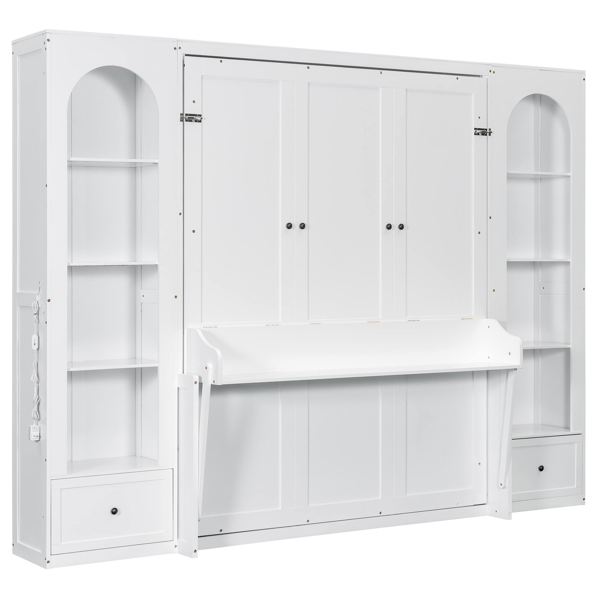 Alt View 2. Whisen - Queen Size Murphy Bed with Shelves, Storage Cabinets, Drawers & LED Lights, Wood Platform Bed - White.