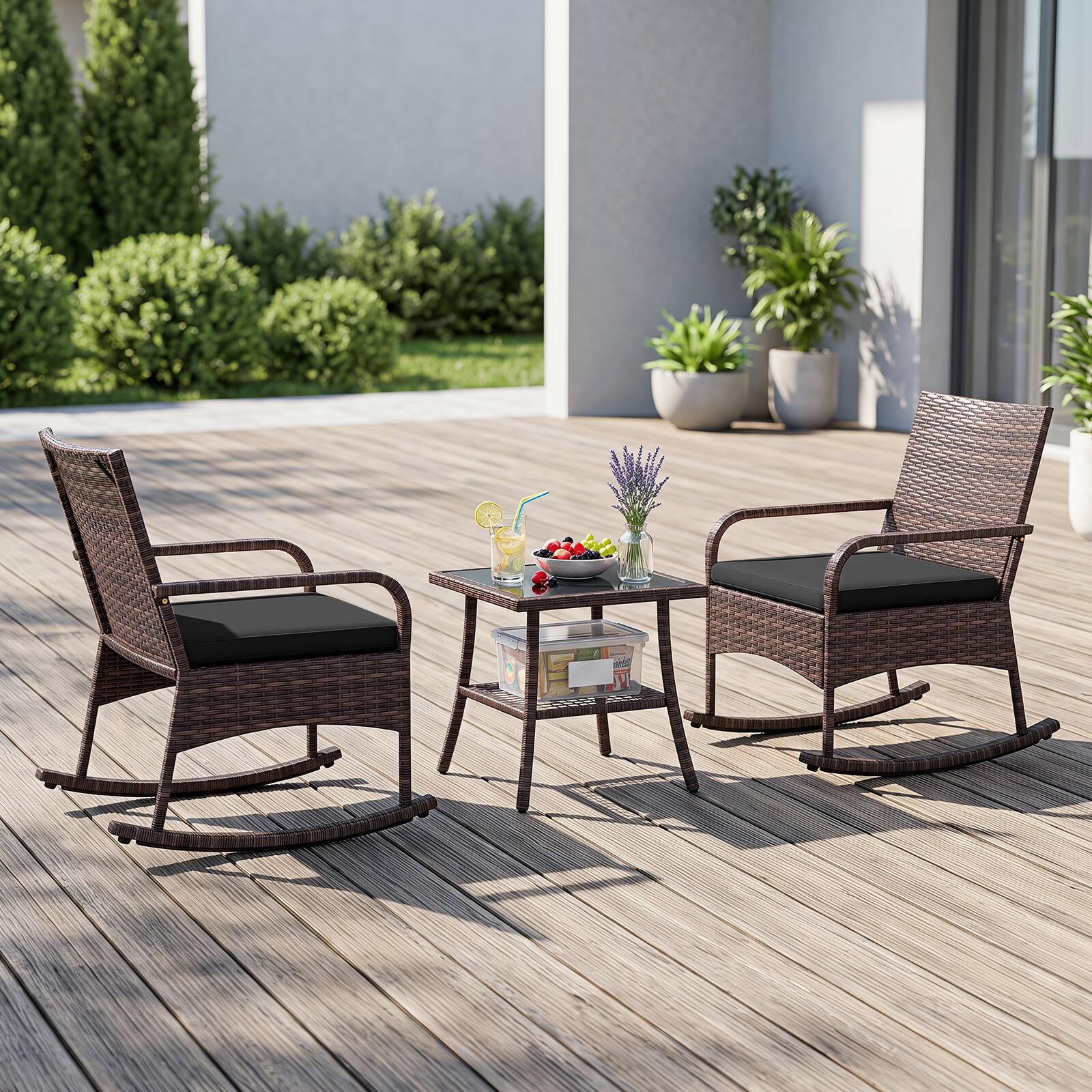 Alt View 4. Costway - Costway 3PCS PE Wicker Rocking Bistro Set with 2-Tier Side Table, Cushions & Armchairs - Mix Brown+Black.