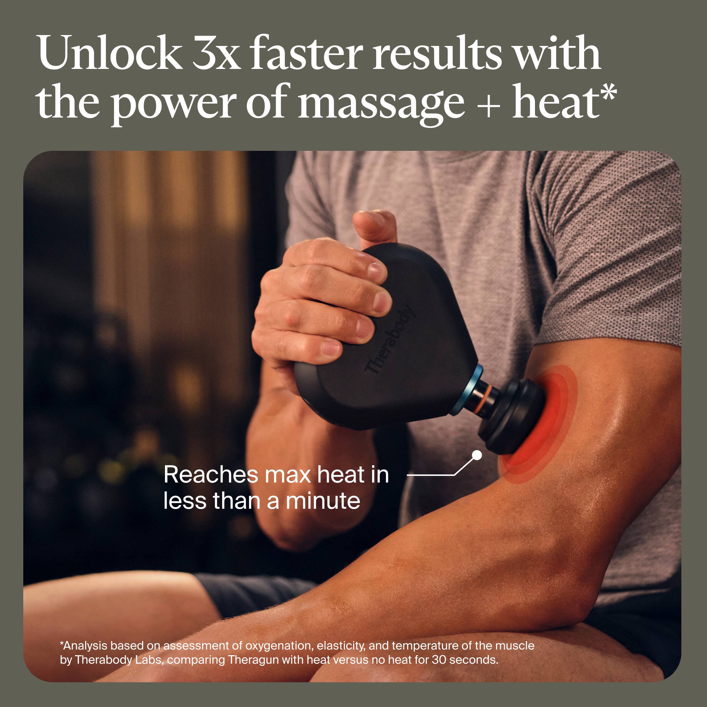 Unlock 3x faster results with the power of massage + heat*

Reaches max heat in less than a minute

*Analysis based on assessment of oxygenation, elasticity, and temperature of the muscle by Therabody Labs, comparing Theragun with heat versus no heat for 30 seconds.