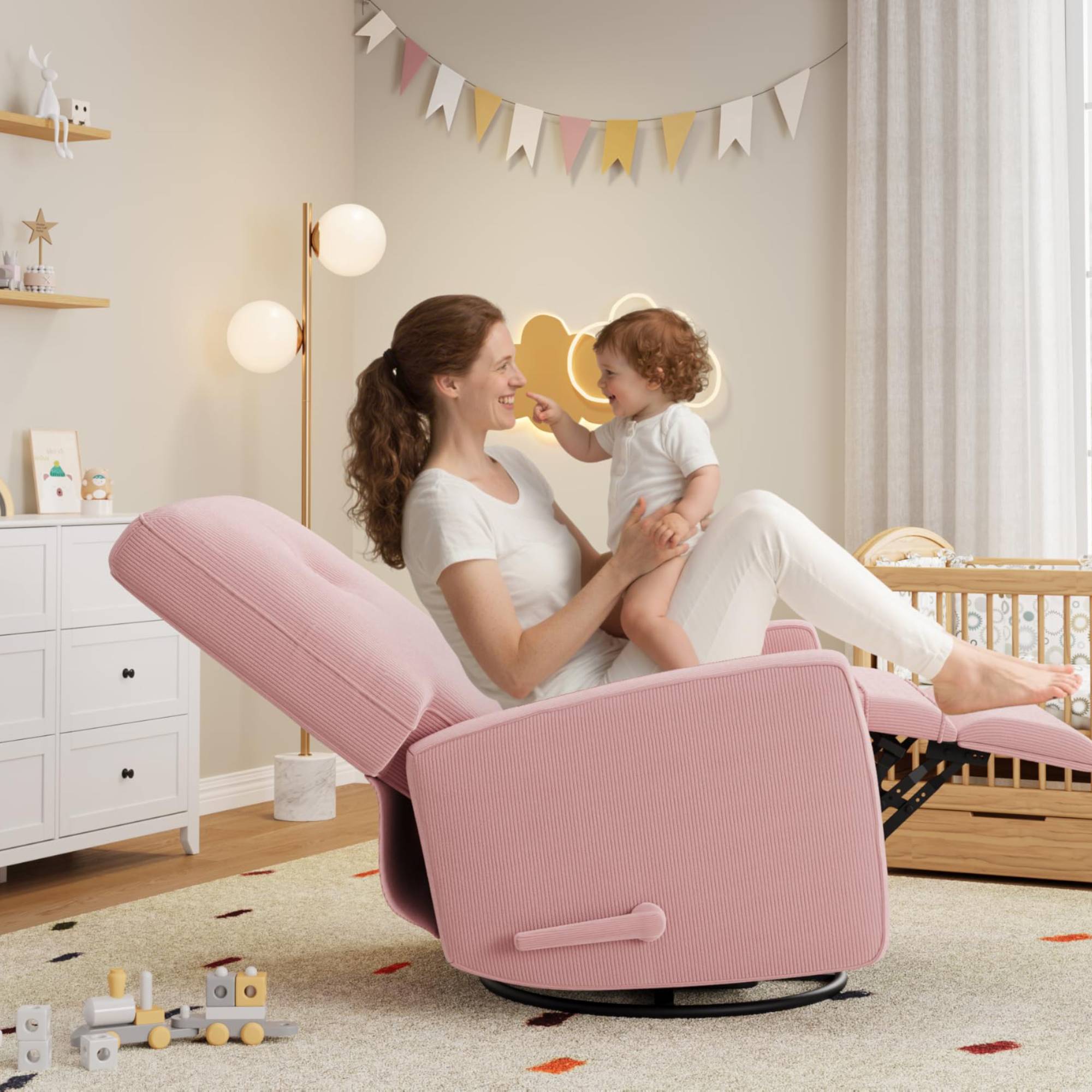 Alt View 2. Jojoka - 360° Swivel Rocker Recliner, Corduroy Mamual Recliner Chair for Nursery, Living Room, Bedroom & Small Spaces - Pink.