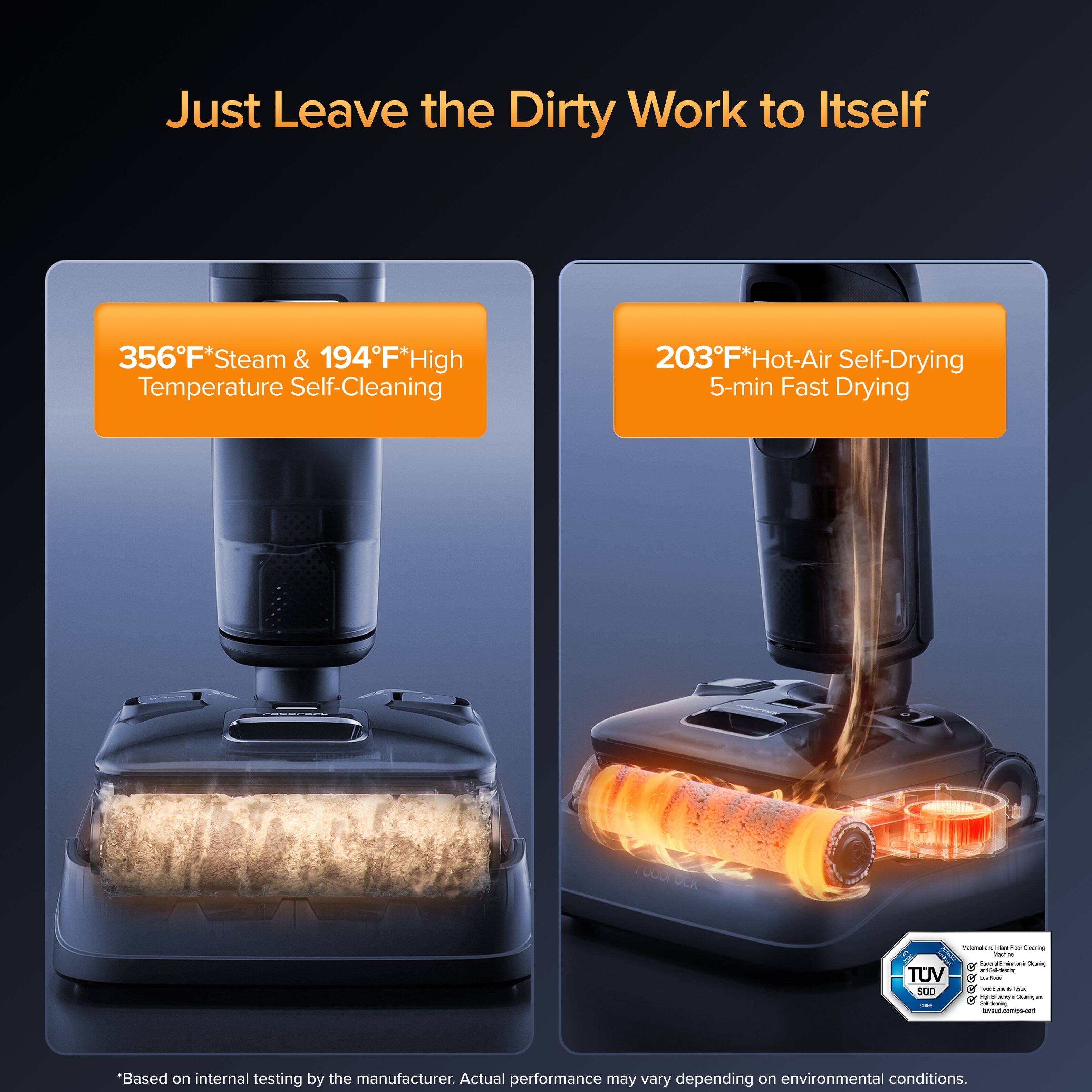 Just Leave the Dirty Work to Itself

356°F* Steam & 194°F* High Temperature Self-Cleaning

203°F* Hot-Air Self-Drying 5-min Fast Drying

*Based on internal testing by the manufacturer. Actual performance may vary depending on environmental conditions.