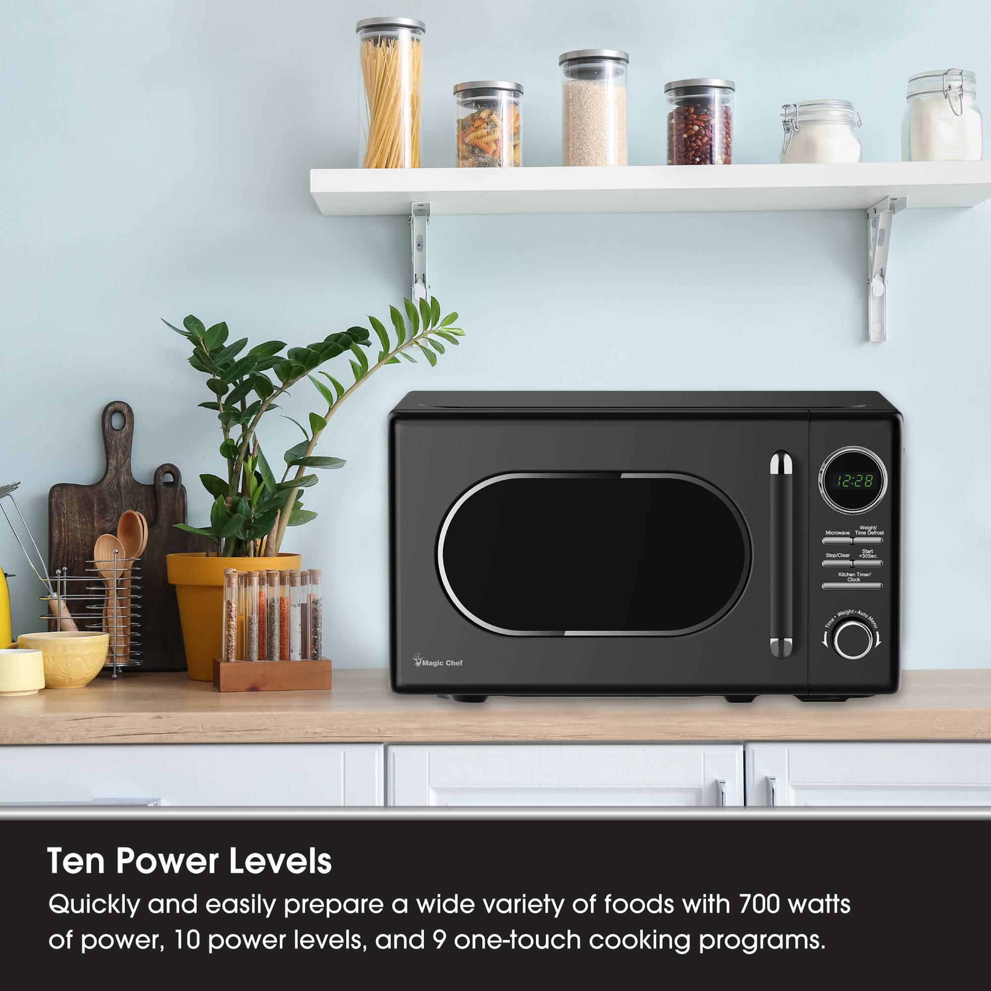 12:28
megre Mothere Trie Defroat
that StopOwer *Wee
- That Cbc
wights, -
Magic Chef
Ten Power Levels
Quickly and easily prepare a wide variety of foods with 700 watts of power, 10 power levels, and 9 one-touch cooking programs.