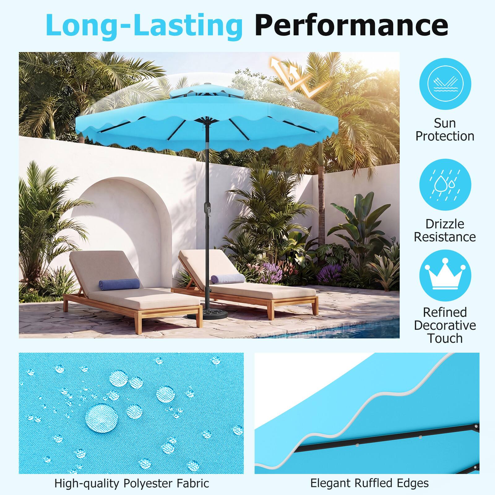 Long-Lasting Performance  
Sun Protection  
Drizzle Resistance  
Refined Decorative Touch  
High-quality Polyester Fabric  
Elegant Ruffled Edges