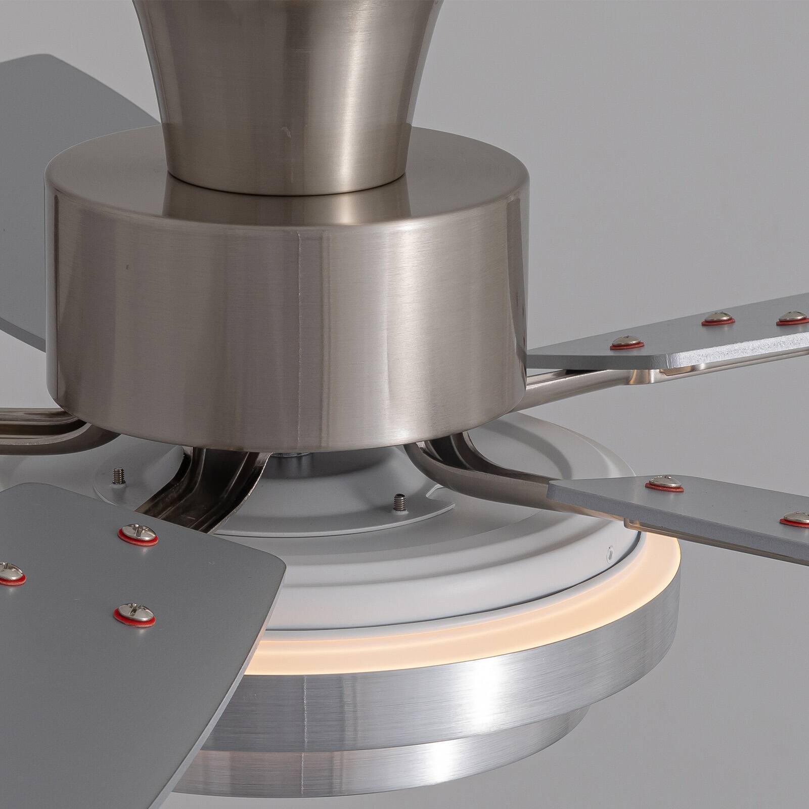 Alt View 6. Siljoy - 42 In Nickel Flush Mount Ceiling Fan with LED Lights Low Profile Design 5 Blades Dual Colors for Bedroom Living Room - Gloss Nickel.