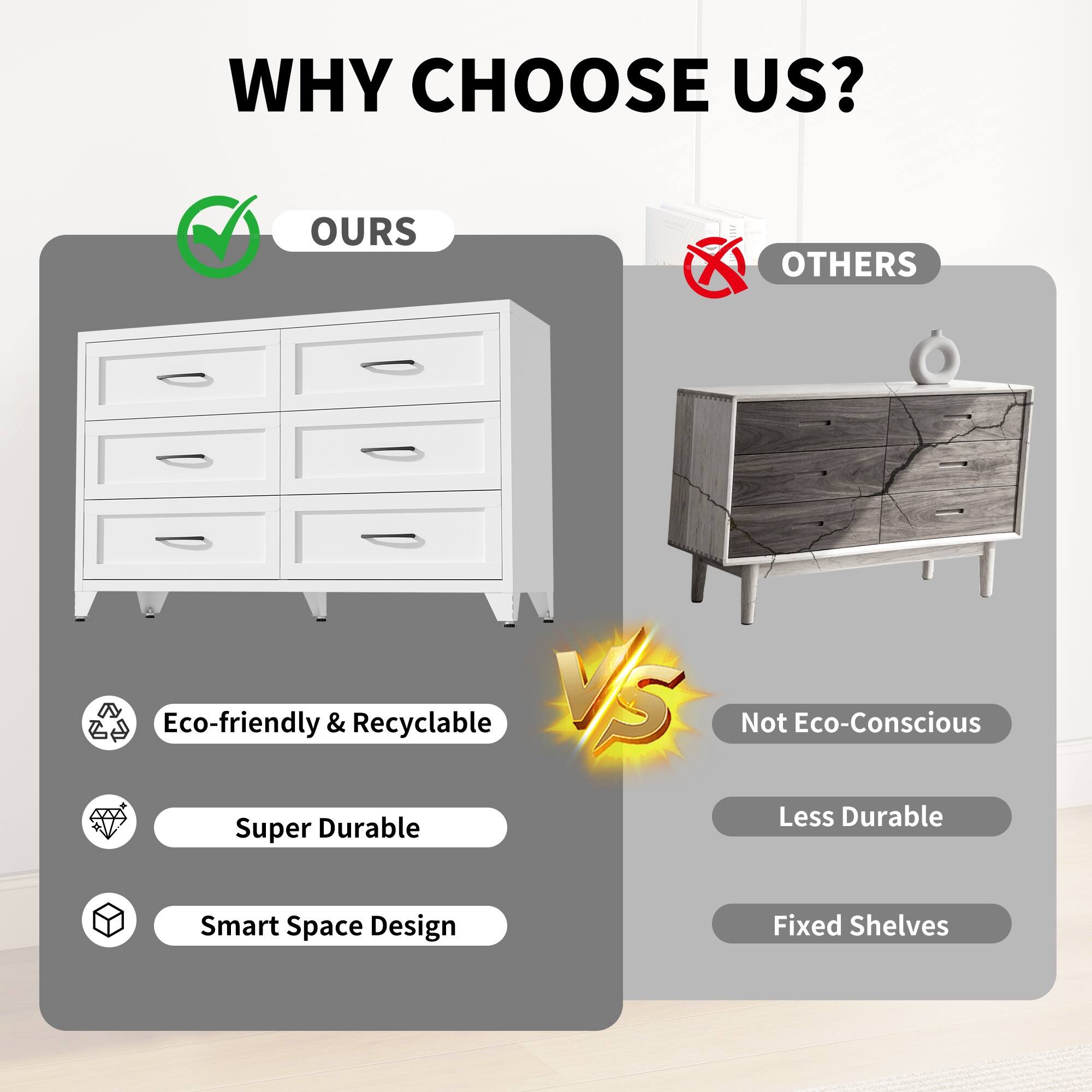 WHY CHOOSE US?

OURS
- Eco-friendly & Recyclable
- Super Durable
- Smart Space Design

VS

OTHERS
- Not Eco-Conscious
- Less Durable
- Fixed Shelves