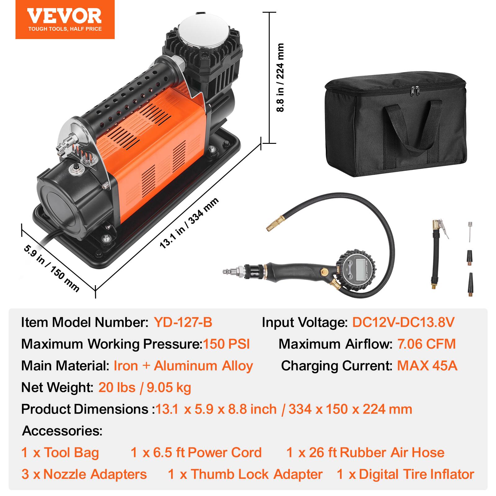VEVOR 12V Heavy Duty Air Compressor with Digital Pressure Gauge