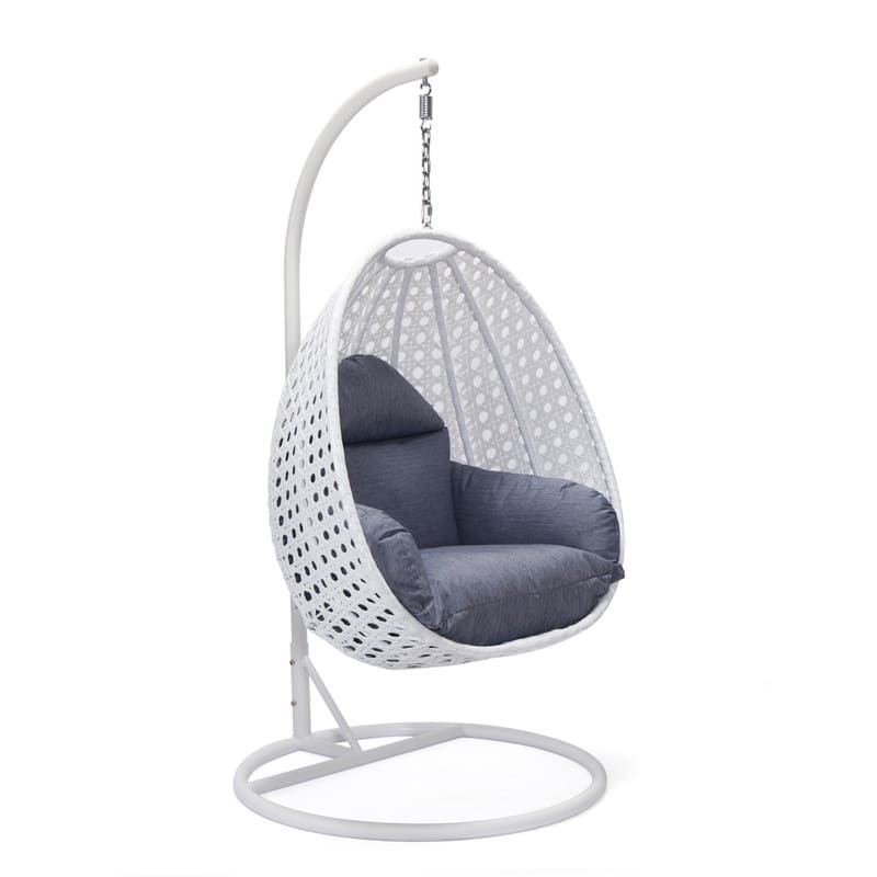 Front. LeisureMod - LeisureMod Modern Handwoven White Wicker Egg Swing Chair with Stand - Single Hanging Indoor/Outdoor Chair for Patio - Charcoal Blue.