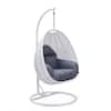 Front. LeisureMod - LeisureMod Modern Handwoven White Wicker Egg Swing Chair with Stand - Single Hanging Indoor/Outdoor Chair for Patio - Charcoal Blue.