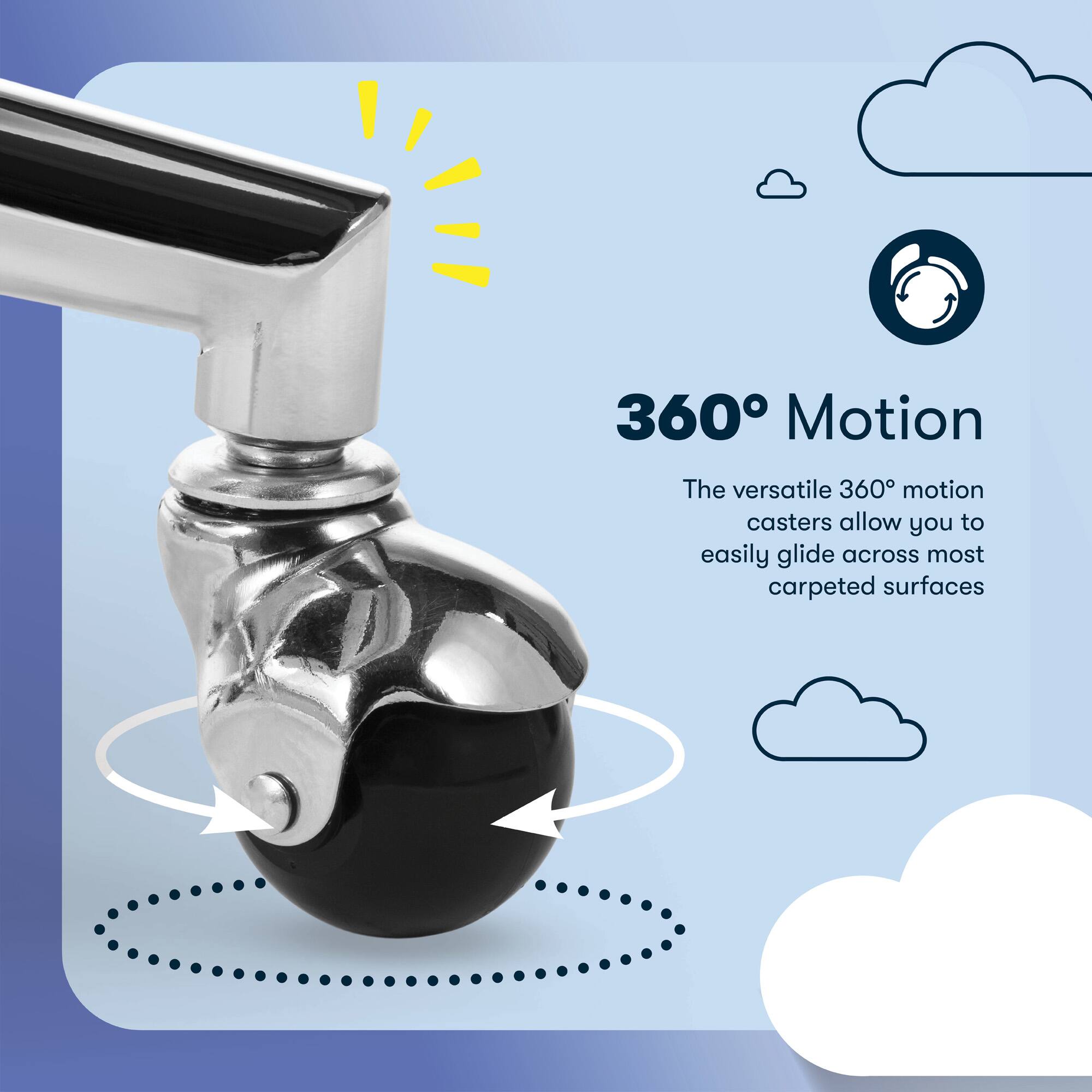 The versatile 360 Motion casters allow you to easily glide across most carpeted surfaces.