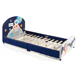 Costway - Kids Upholstered Platform Bed Children Twin Size Wooden Bed Astronaut Pattern - Blue