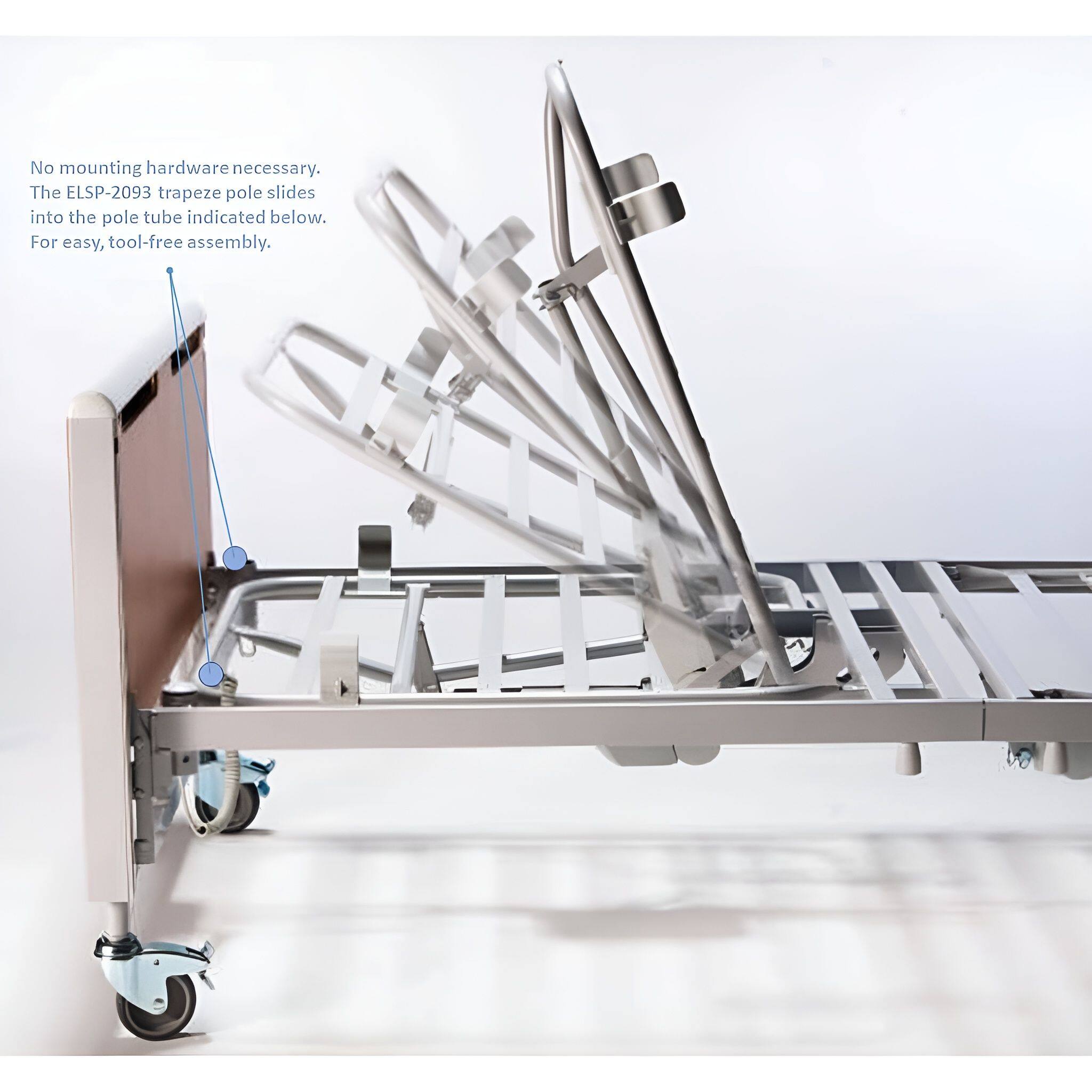 No mounting hardware necessary. The ELSP-2093 trapeze pole slides into the pole tube indicated below. For easy, tool-free assembly.