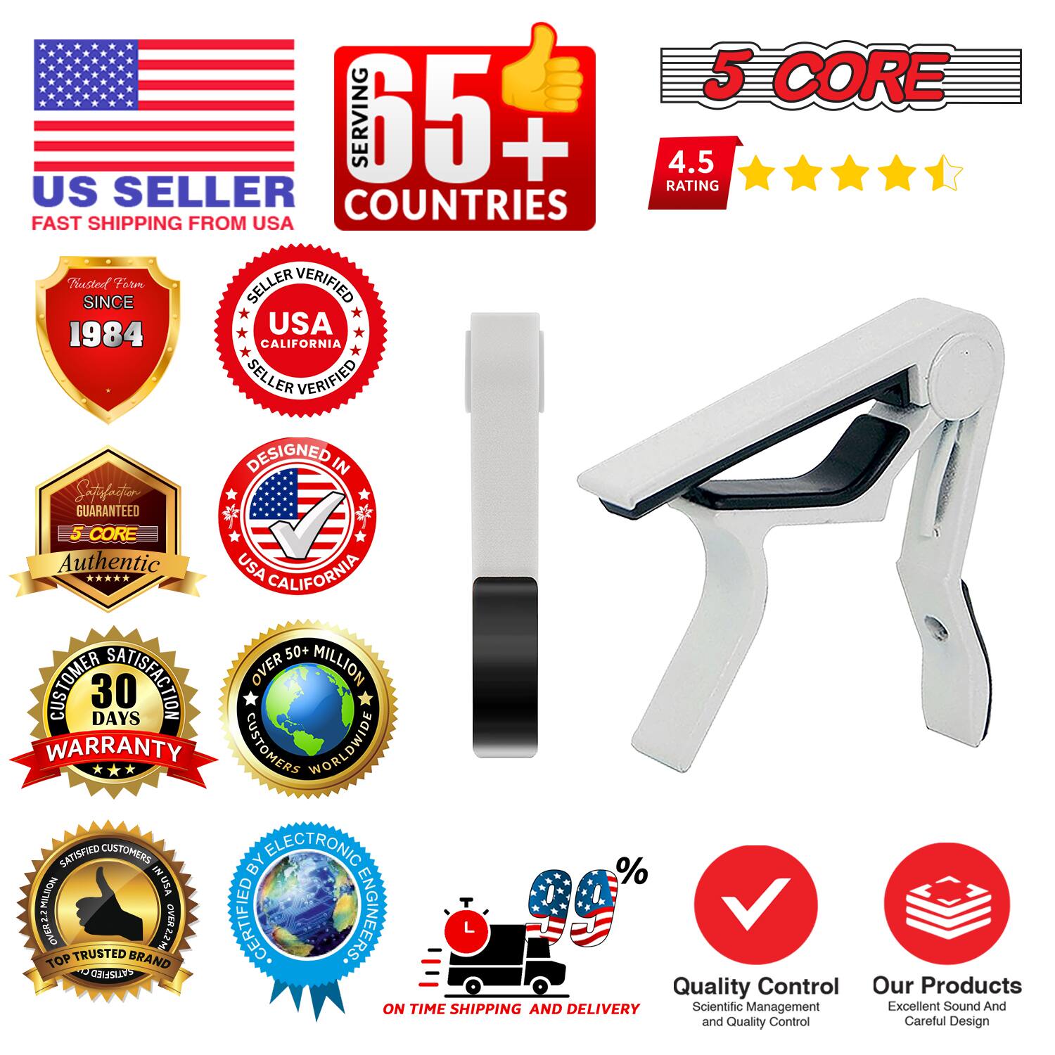 Sure, here is the corrected and grouped text from the image:

---

**US SELLER**  
FAST SHIPPING FROM USA

**5 CORE**  
SERVING 65+ COUNTRIES

**4.5 RATING**

**Trusted Form**  
SINCE 1984

**SELLER VERIFIED**  
USA CALIFORNIA

**DESIGNED IN**  
USA CALIFORNIA

**SATISFACTION GUARANTEED**

**5 CORE**  
Authentic

**30 DAYS WARRANTY**

**OVER 50+ MILLION CUSTOMERS WORLDWIDE**

**SATISFIED CUSTOMERS IN USA**

**TOP TRUSTED BRAND**

**ON TIME SHIPPING AND DELIVERY**

**Quality Control**  
Scientific Management and Quality Control

**Our Products**  
Excellent Sound And Careful Design

**%**  
NONTN EZRBAO HEEWBAD CERTIFIED ENGINEERS

---

This text is grouped and corrected to reflect the information presented in the image.
